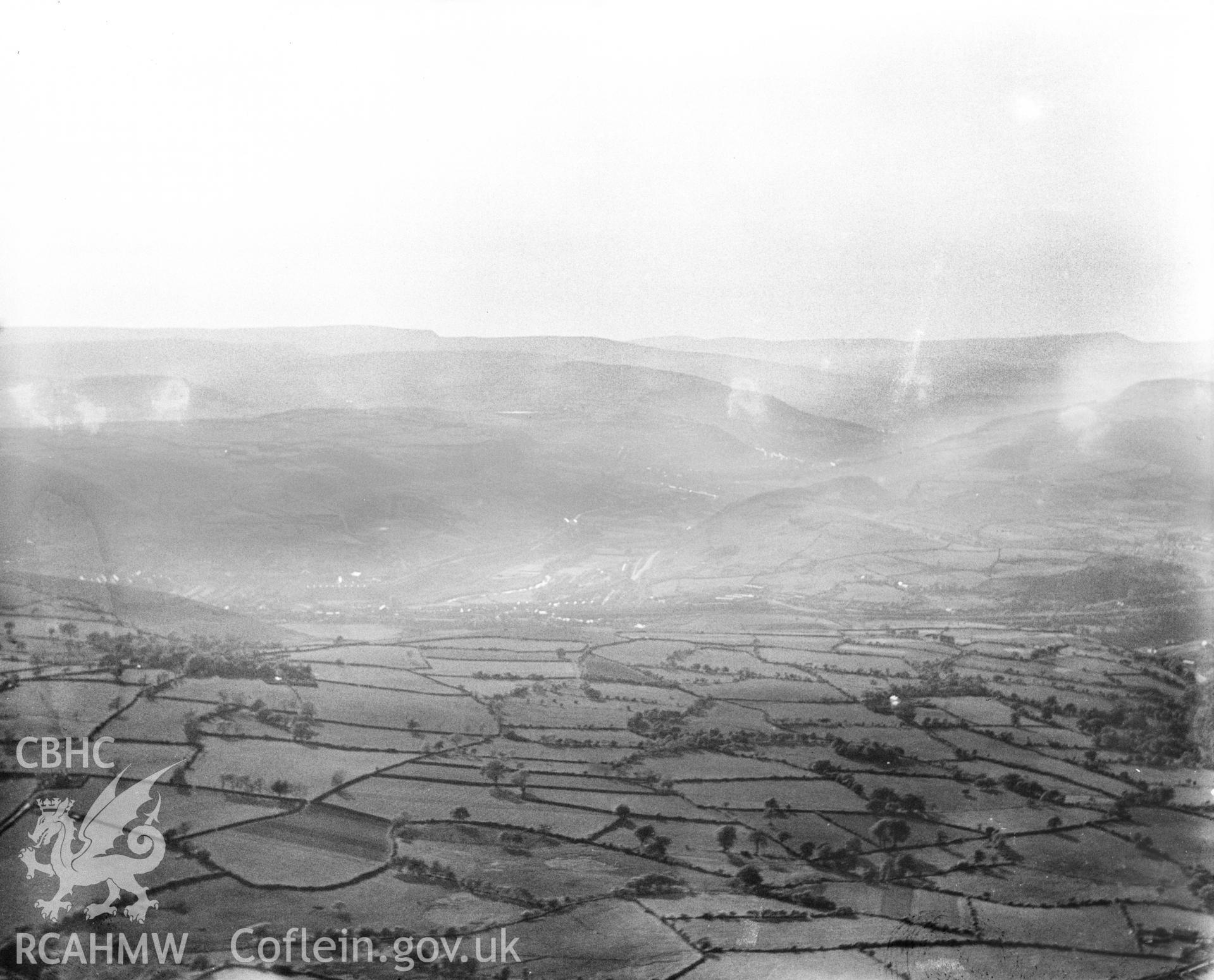 Distant view of Ebbw Vale, oblique aerial view. 5?x4? black and white glass plate negative.