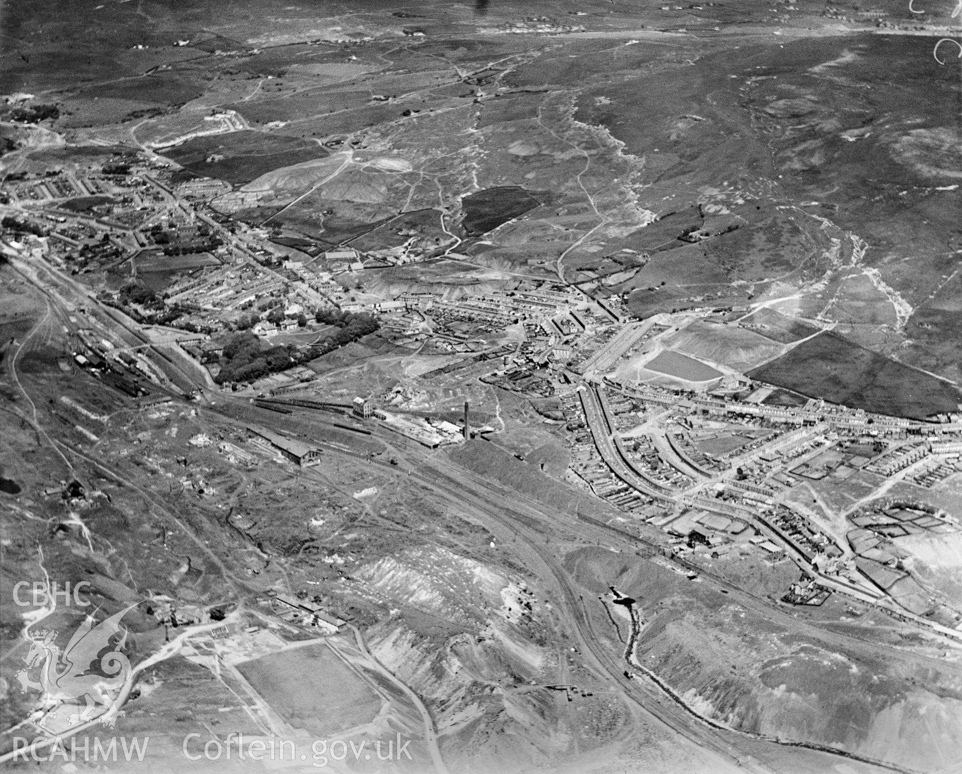 General view of Rhymney, oblique aerial view. 5?x4? black and white glass plate negative.