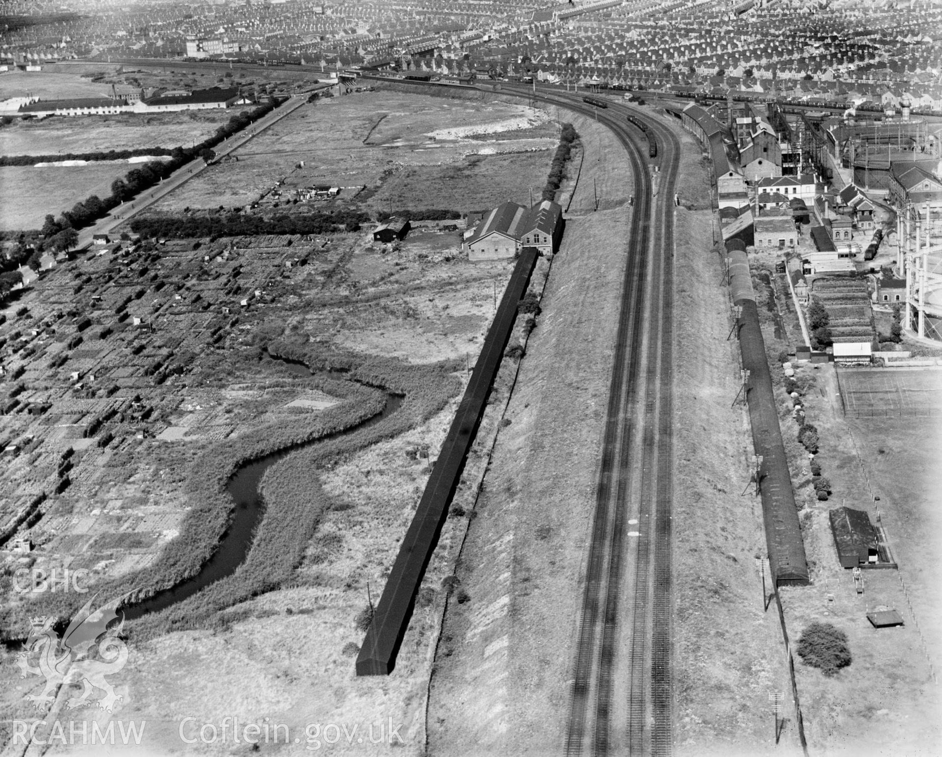 View of Dixon's Ropeworks, Grangetown, oblique aerial view. 5?x4? black and white glass plate negative.