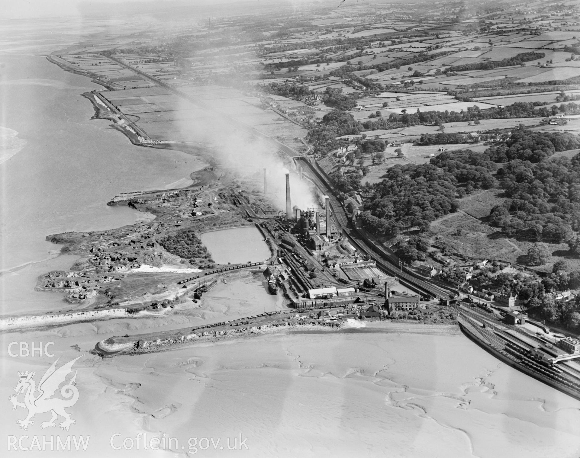 View of Mostyn showing Barwen & Mostyn Iron Co., oblique aerial view. 5?x4? black and white glass plate negative.