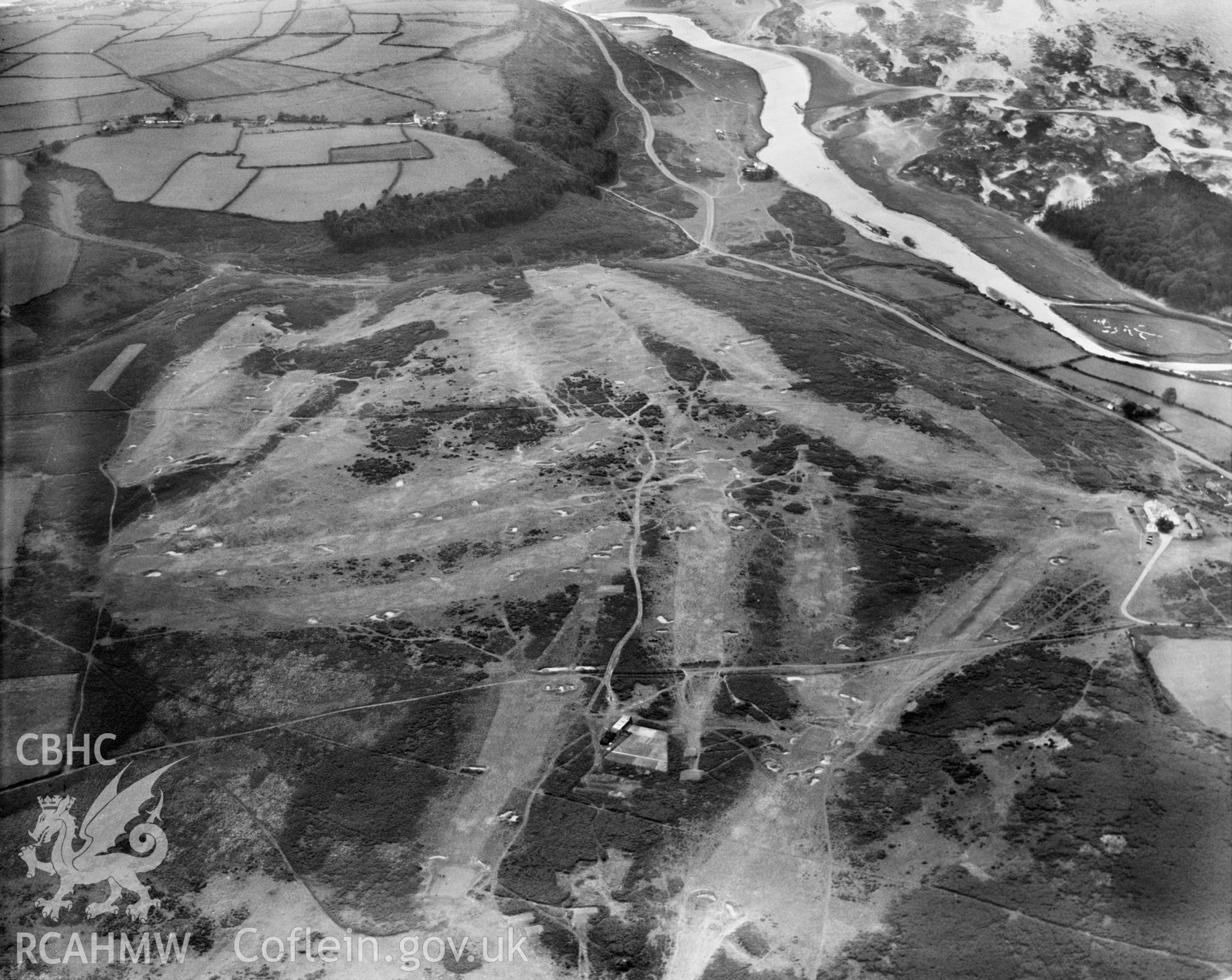 View of Ogmore-by-Sea, showing Southerndown golf course, oblique aerial view. 5?x4? black and white glass plate negative.