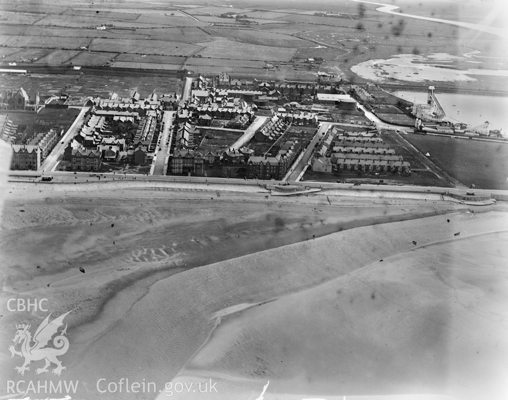 View of Rhyl showing the Marine Lake and Pleasure Park, oblique aerial view. 5?x4? black and white glass plate negative.