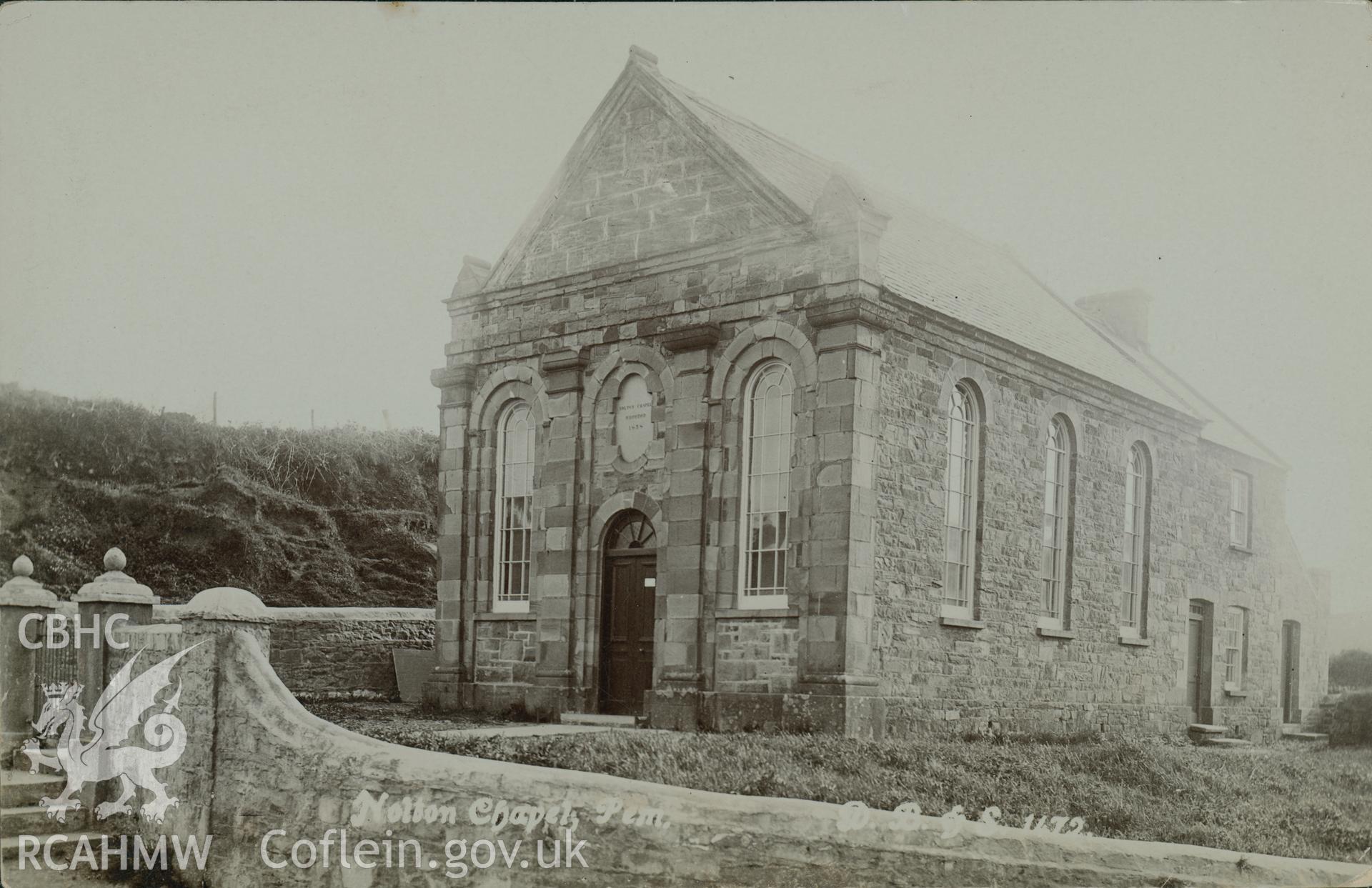 Digital copy of monochrome postcard showing exterior view of Nolton Haven Congregational chapel or United Reform church, Nolton and Roch. Loaned for copying by Thomas Lloyd.