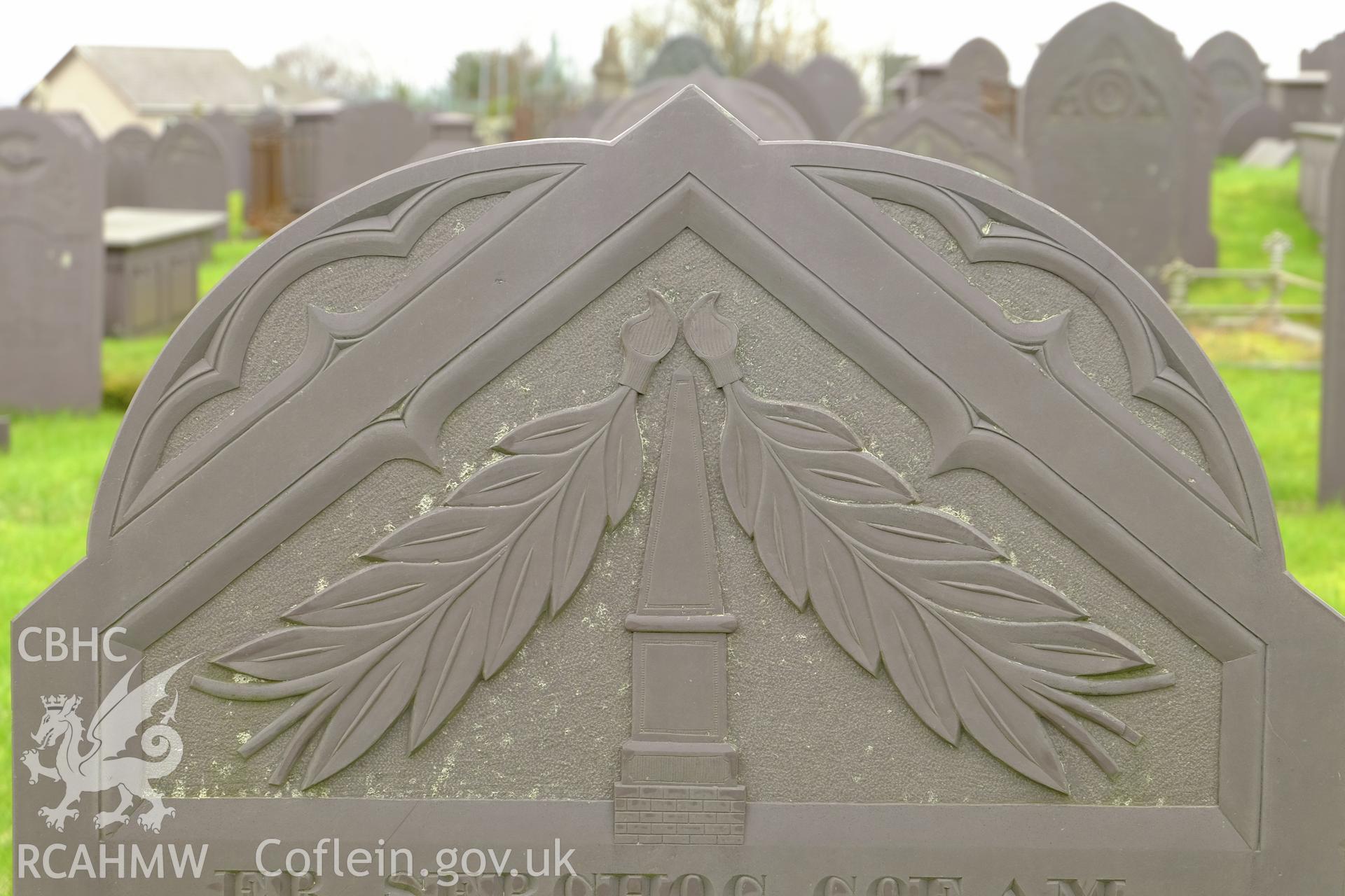 Colour photograph showing detail of slate headstone in Macpela Cemetery, Deiniolen, produced by Richard Hayman 7th March 2017