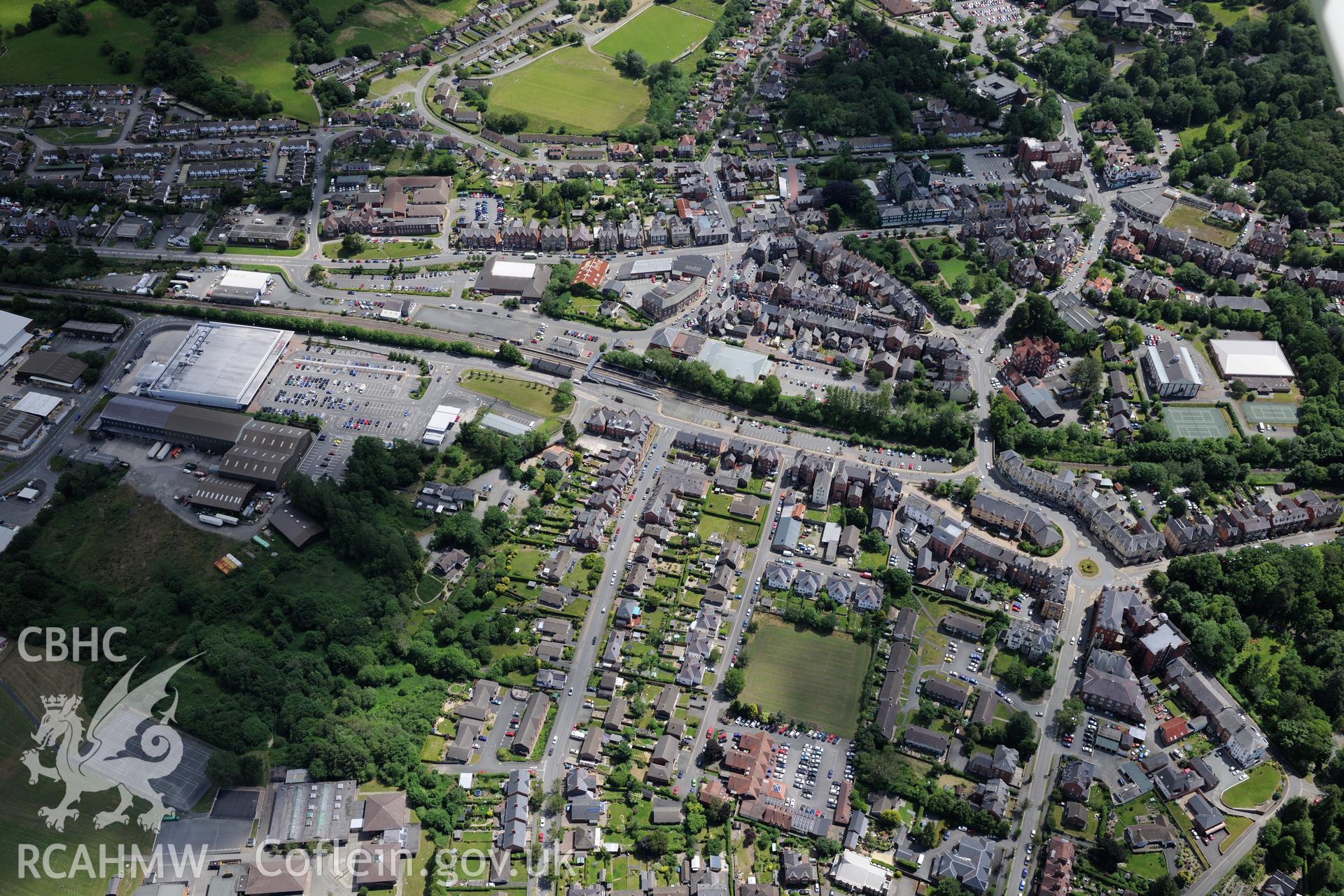 Llandrindod Wells, with the Grand Pavilion on the right side of the photograph. Oblique aerial photograph taken during the Royal Commission's programme of archaeological aerial reconnaissance by Toby Driver on 30th June 2015.