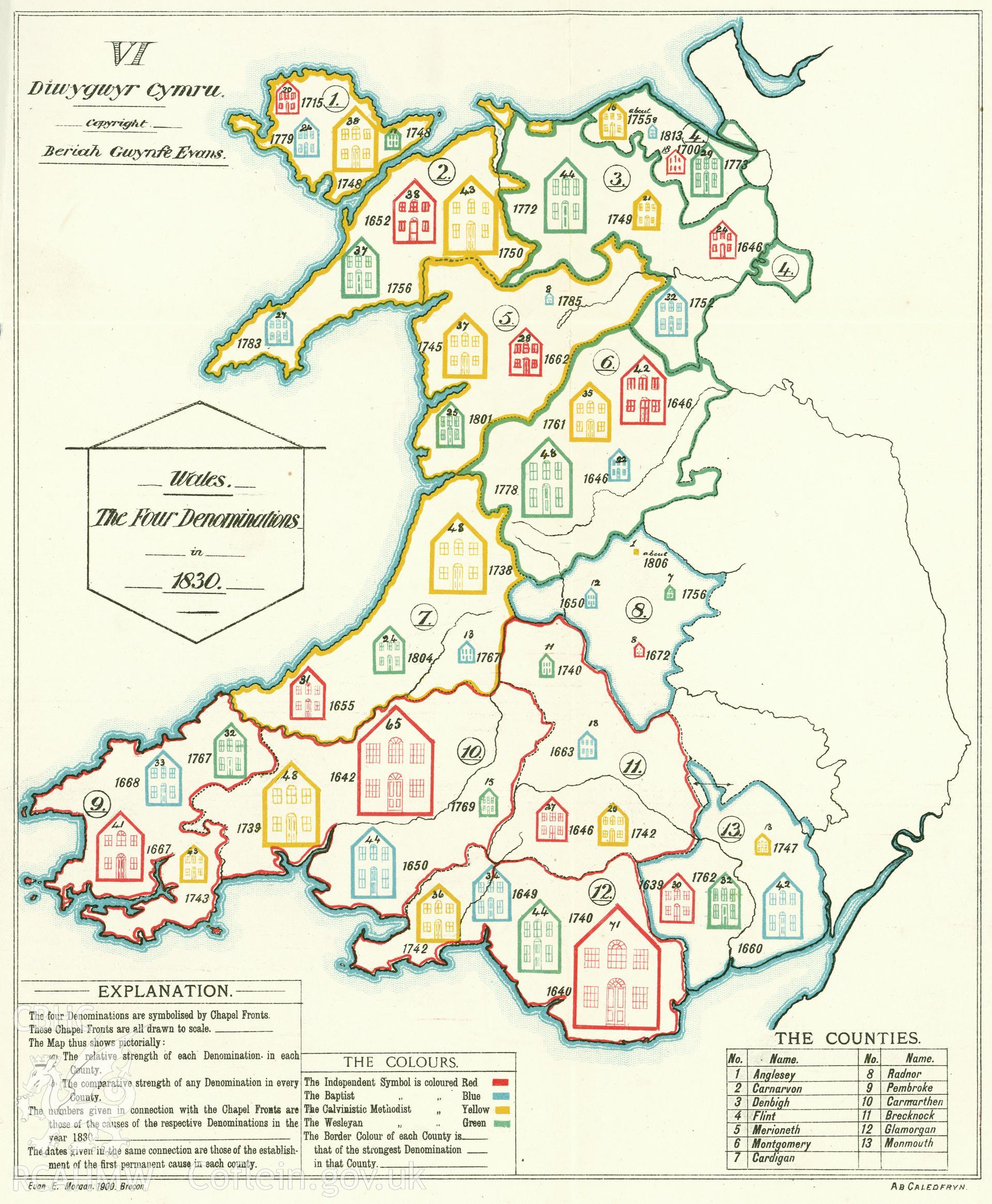 Map of the four denominations in Wales in 1830 on page 312 in the publication Diwygwyr Cymru by  Beriah Gwynfe Evans.