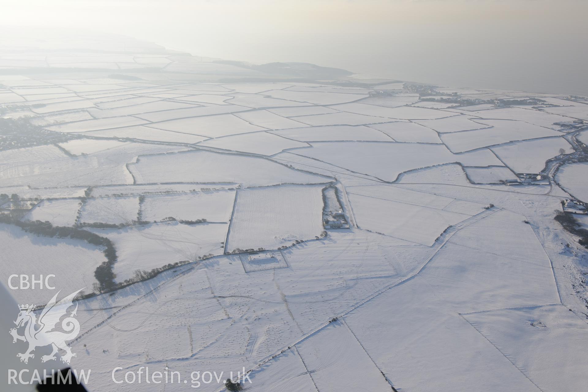 Beacons Down field system, St Brides Major, south west of Bridgend. Oblique aerial photograph taken during the Royal Commission?s programme of archaeological aerial reconnaissance by Toby Driver on 24th January 2013.