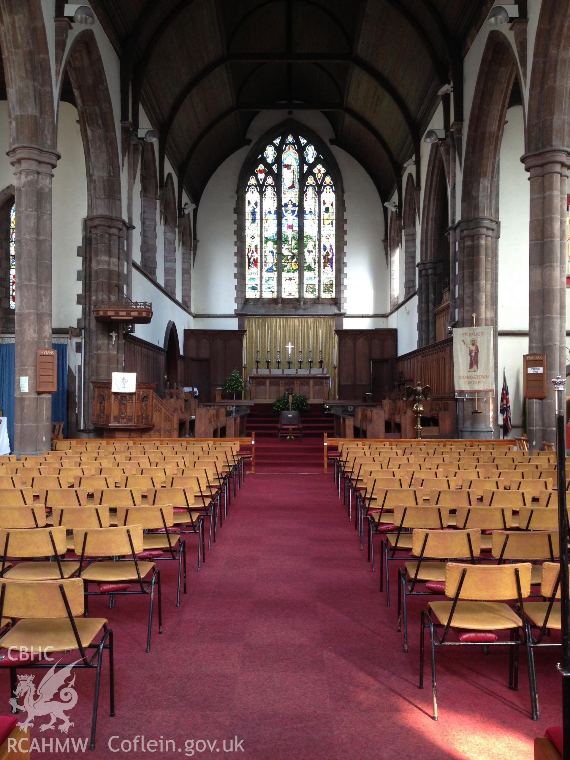 Colour photo showing view from the nave to the chancel at St Paul's Church, Grangetown, taken by Revd David T. Morris, 2018.