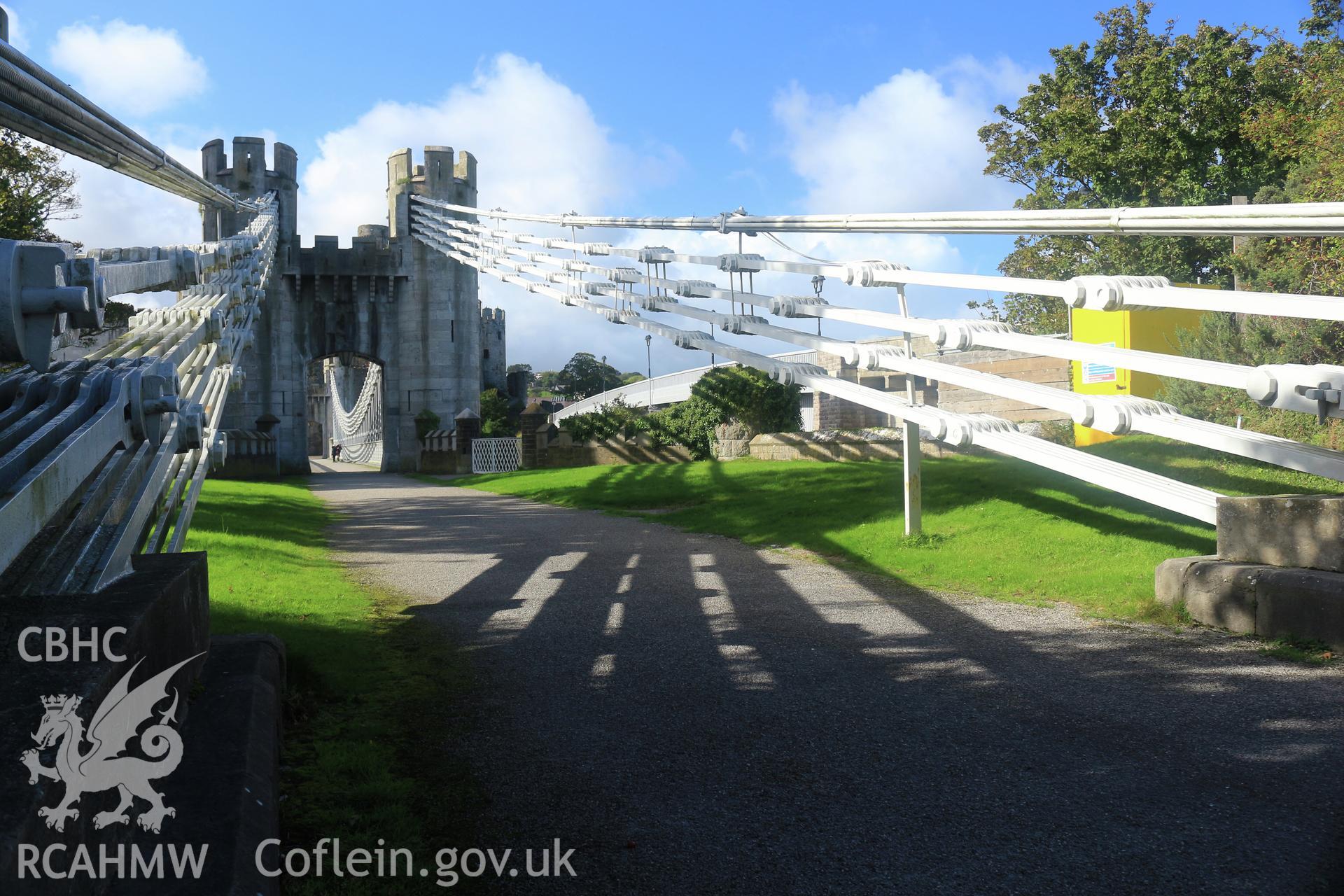 Investigator Photographs of Conwy Suspension Bridge. Backstay and tower of the bridge on the gatekeeper's side.