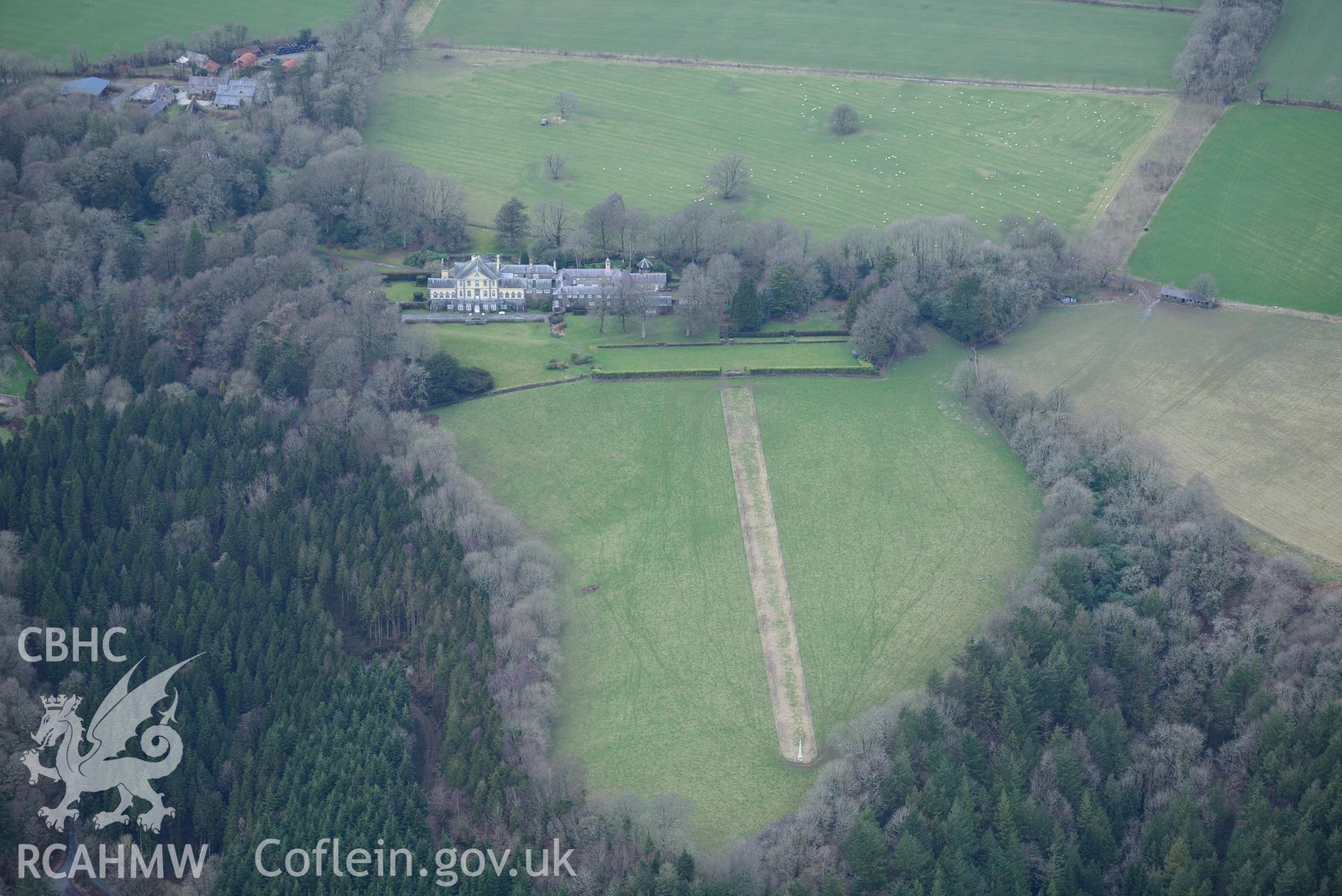 Ffynonau Mansion and the associated stable, kitchen court and garden, Newchapel, near Newcastle Emlyn. Oblique aerial photograph taken during the Royal Commission's programme of archaeological aerial reconnaissance by Toby Driver on 13th March 2015.