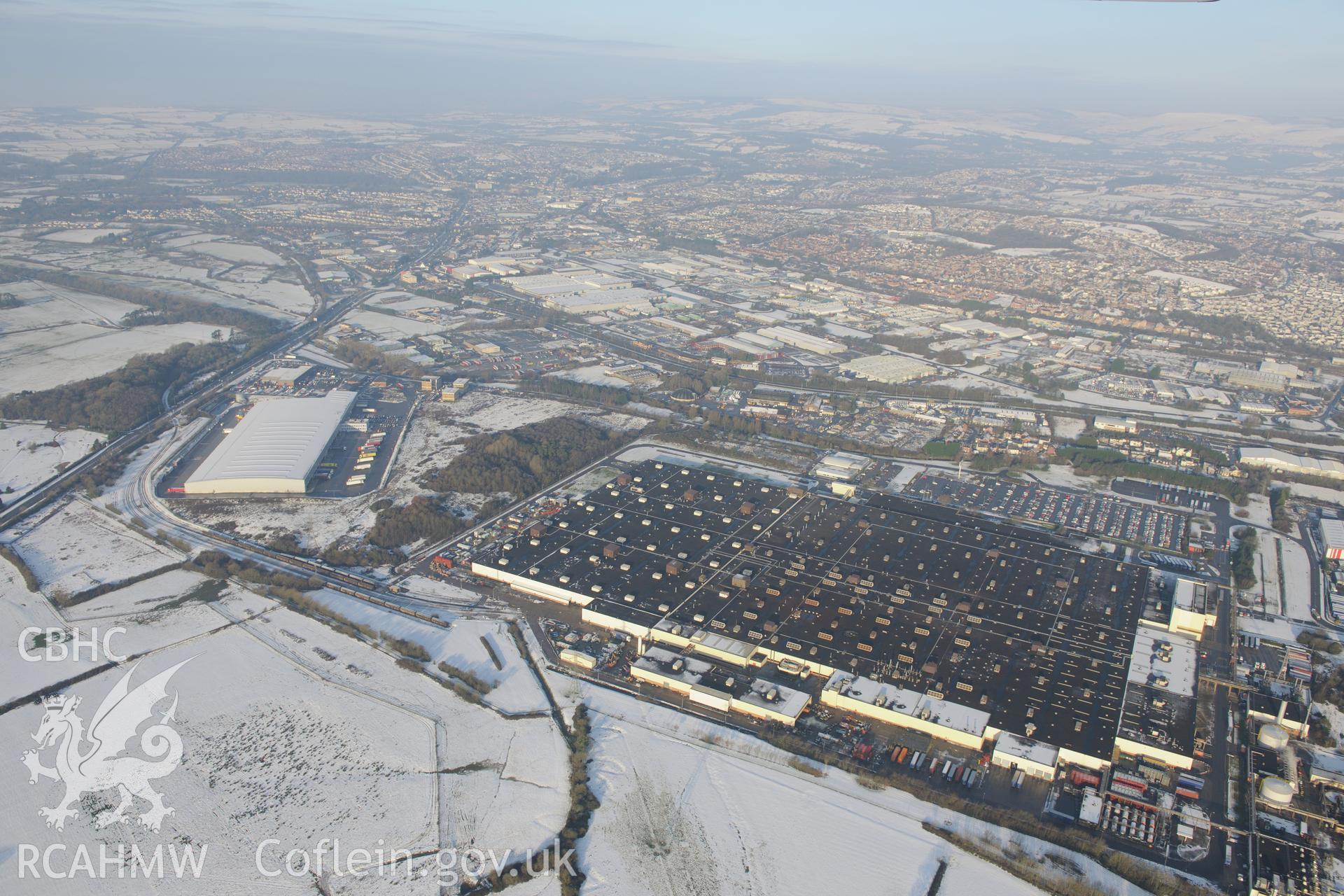 Waterton Industrial Estate, Bridgend. Oblique aerial photograph taken during the Royal Commission?s programme of archaeological aerial reconnaissance by Toby Driver on 24th January 2013.