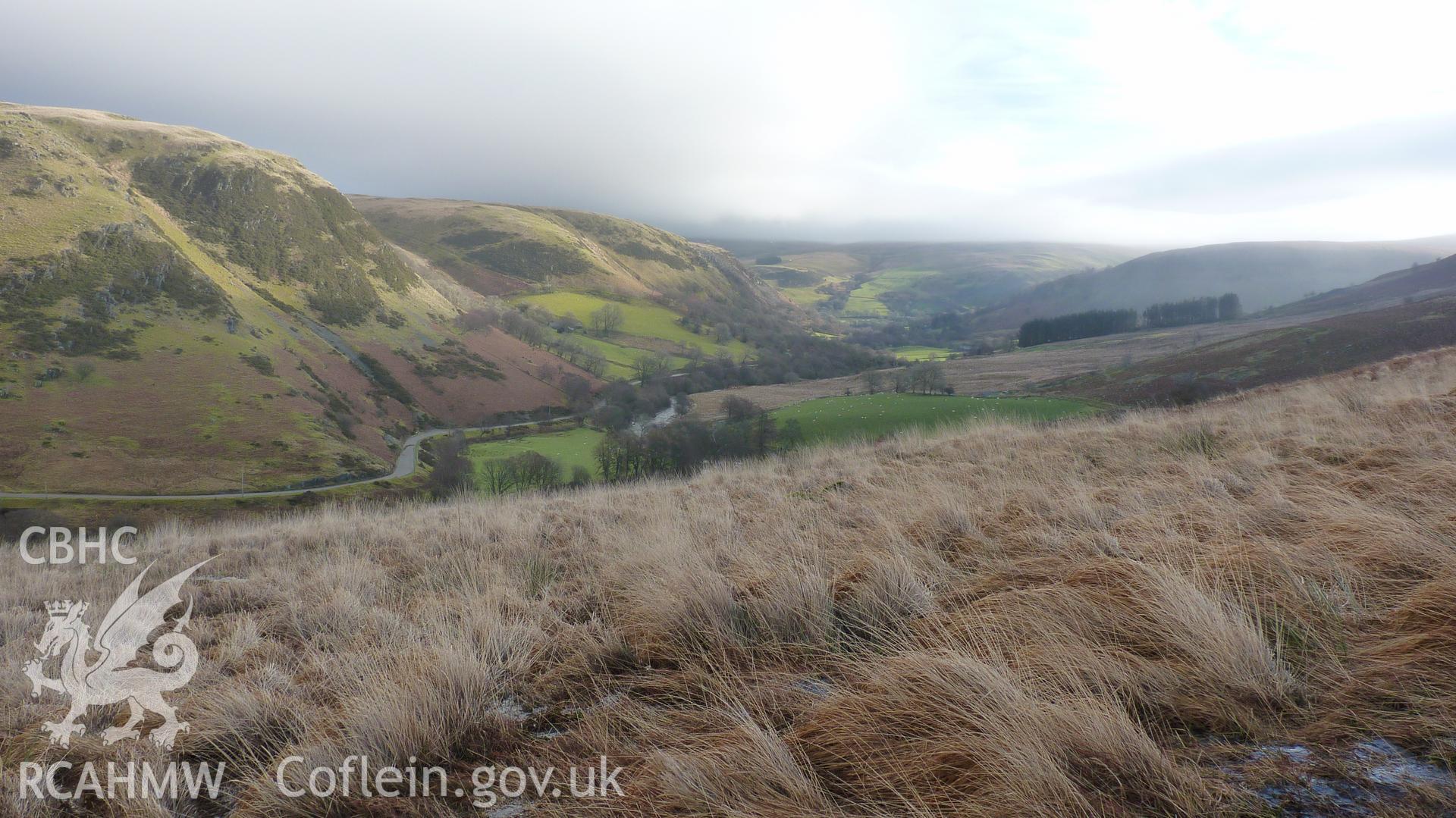 View from Cerrig Llwydion deserted rural settlement looking south east down valley & penstock route. Photographed for Archaeological Desk Based Assessment of Afon Claerwen, Elan Valley, Rhayader. Assessment by Archaeology Wales, 2017-18. Project no. 2573.