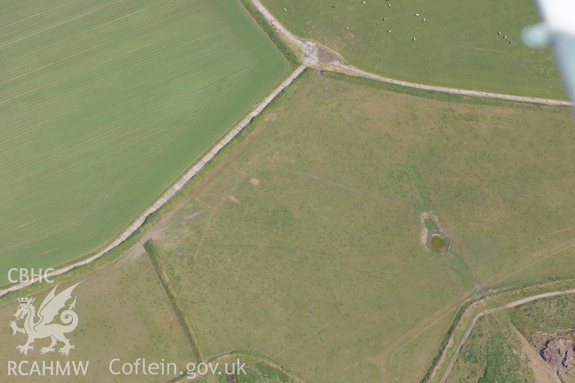Site of the old Second World War Base the HMS Harrier, with site of associated chapel, Dale. Oblique aerial photograph taken during the Royal Commission?s programme of archaeological aerial reconnaissance by Toby Driver on 16th July 2013.