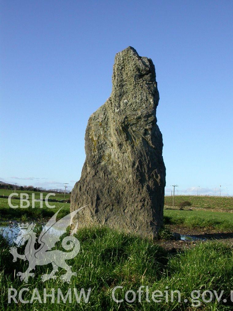 Ty-Mawr standing stone. Looking southeast. Digital photograph taken as part of archaeological work at Parc Cybi Enterprise Zone, Holyhead, Anglesey, carried out by Archaeology Wales, 2017. Project number: P2522.