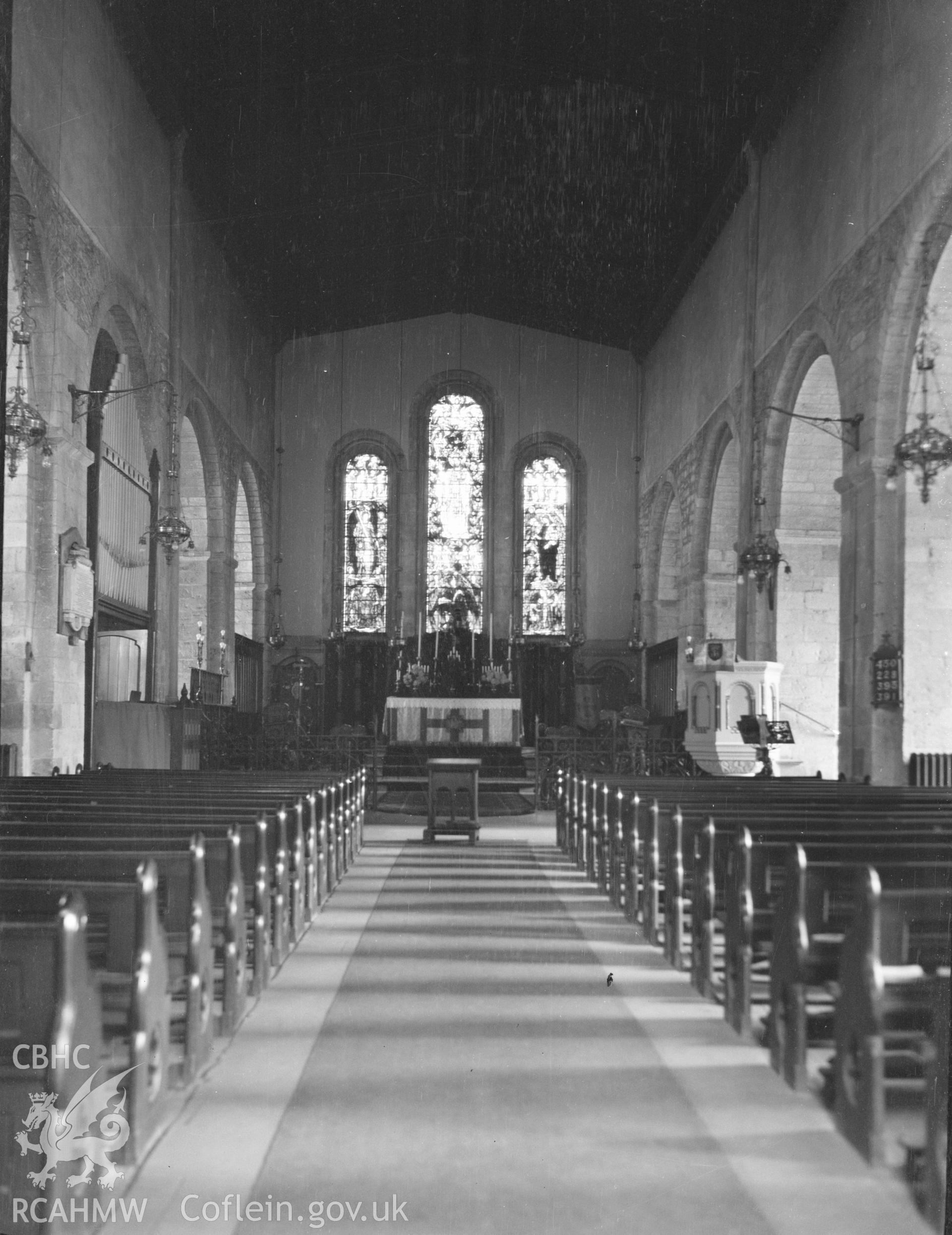 Digital copy of a nitrate negative showing interior of St Mary's Church, Margam - looking towards the altar. From the National Building Record Postcard Collection.