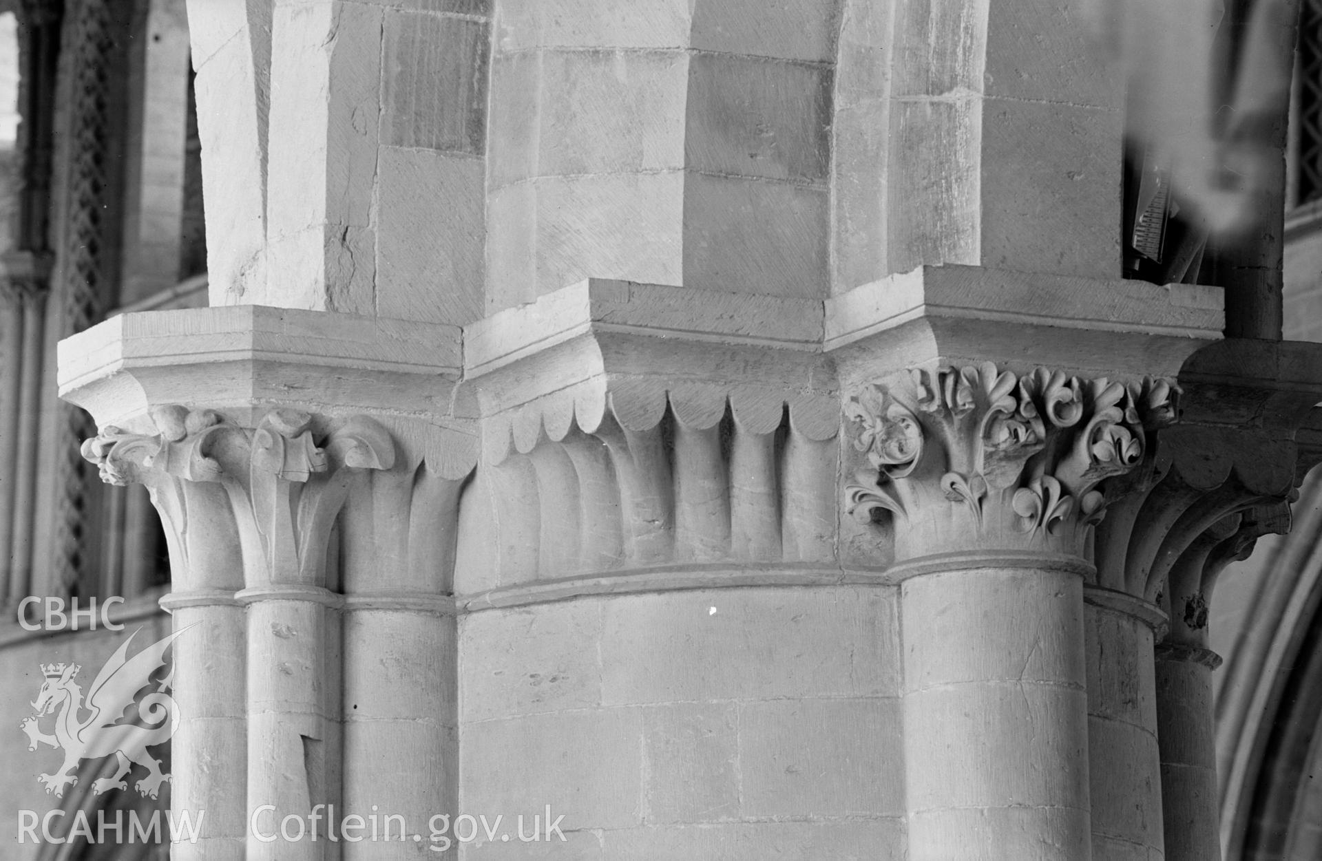 Digital copy of a black and white acetate negative showing detail of capital at St. David's Cathedral, taken by E.W. Lovegrove, July 1936.