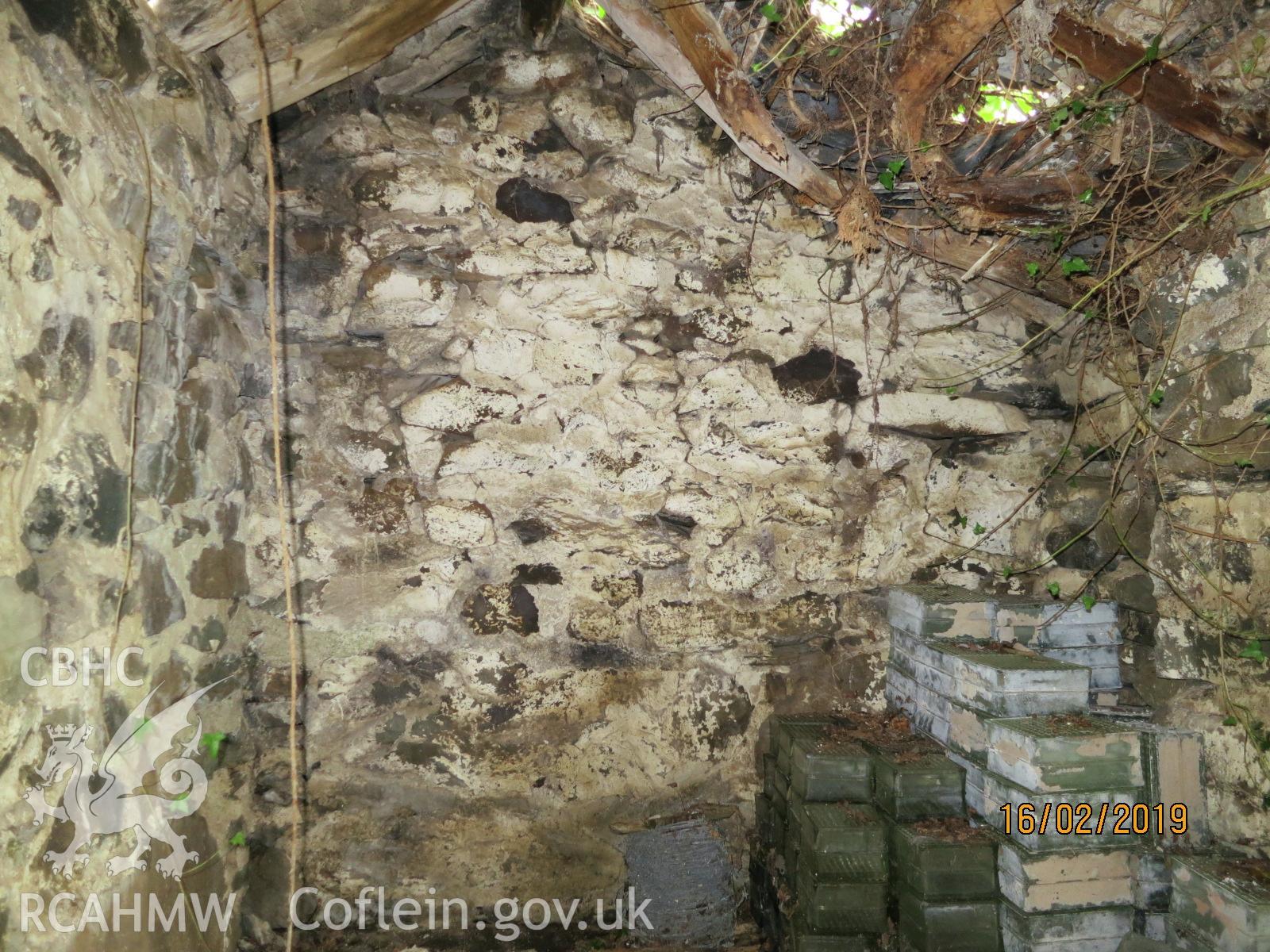 Interior south section south elevation of the pigsty at Pencerrig Pellaf, Ffordd Uchaf, Harlech. Photographed by Kimberley Urch as part of photographic survey for planning application (ref. no. NP5/61/LB446A Snowdonia National Park Authority).