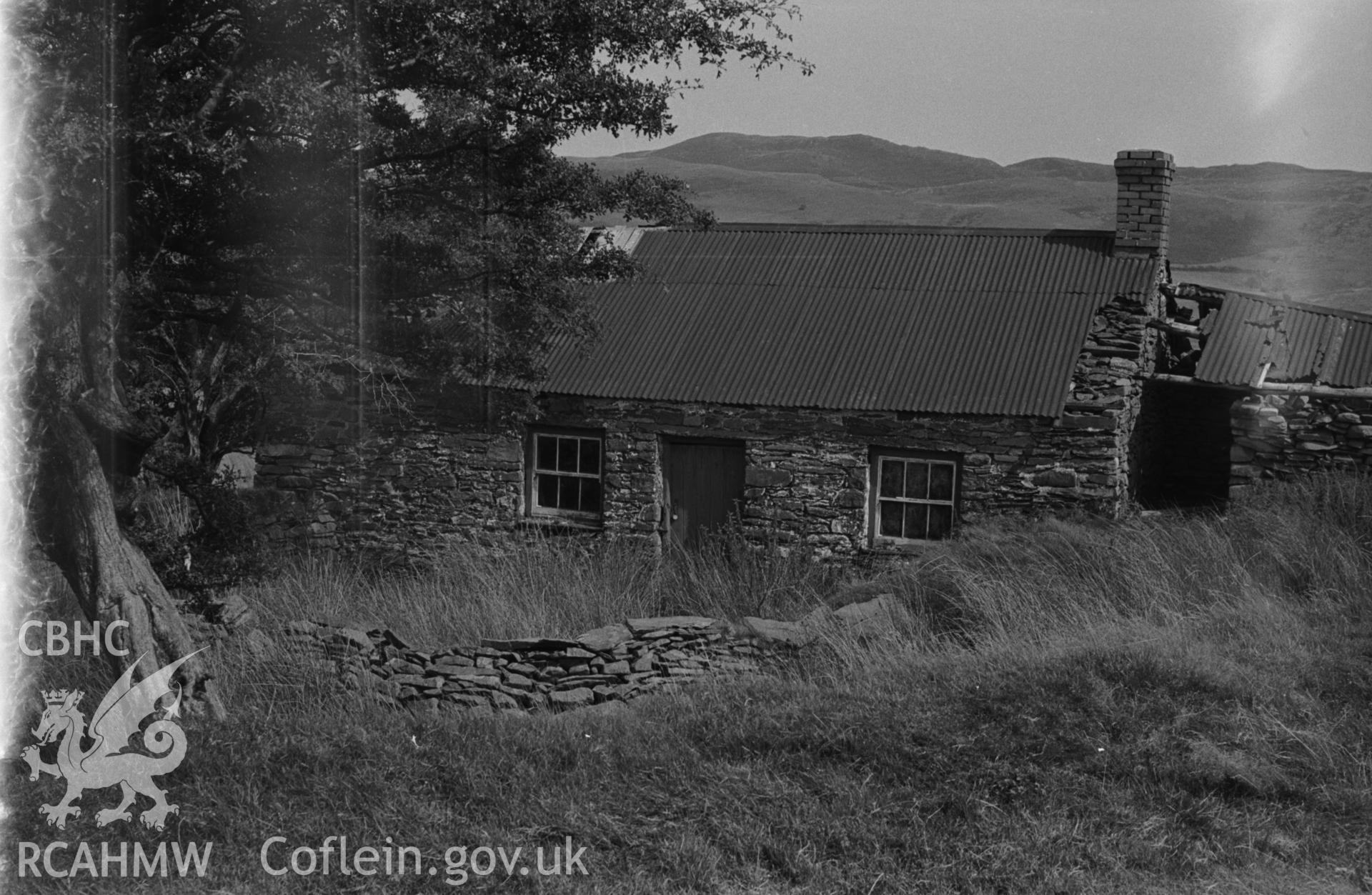 Digital copy of a black and white negative showing view of Ty-Newydd ruin (At 1,050 ft.) near Afon Fflur, Ystrad Fflur, part of the Bryneithinog squatter settlement. Photographed by Arthur O. Chater in August 1967. (Looking north from Grid Reference SN 7331 6314).