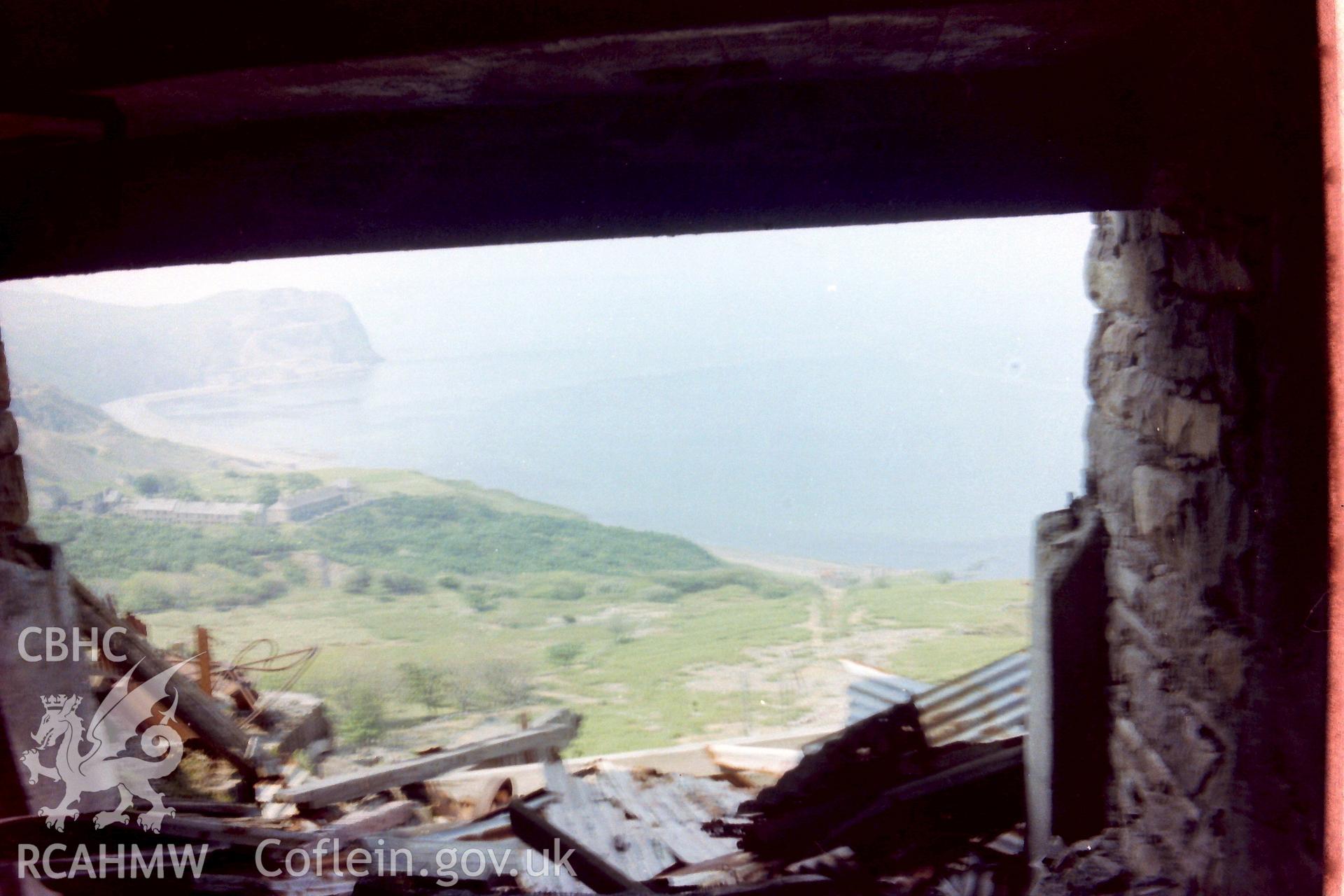 Digitised colour photograph with Porth-y-Nant village in the distance. Produced during a Bachelor of Architecture dissertation: 'The Form & Architecture of Nineteenth Century Industrial Settlements in Rural Wales' by Martin Davies, 1979.