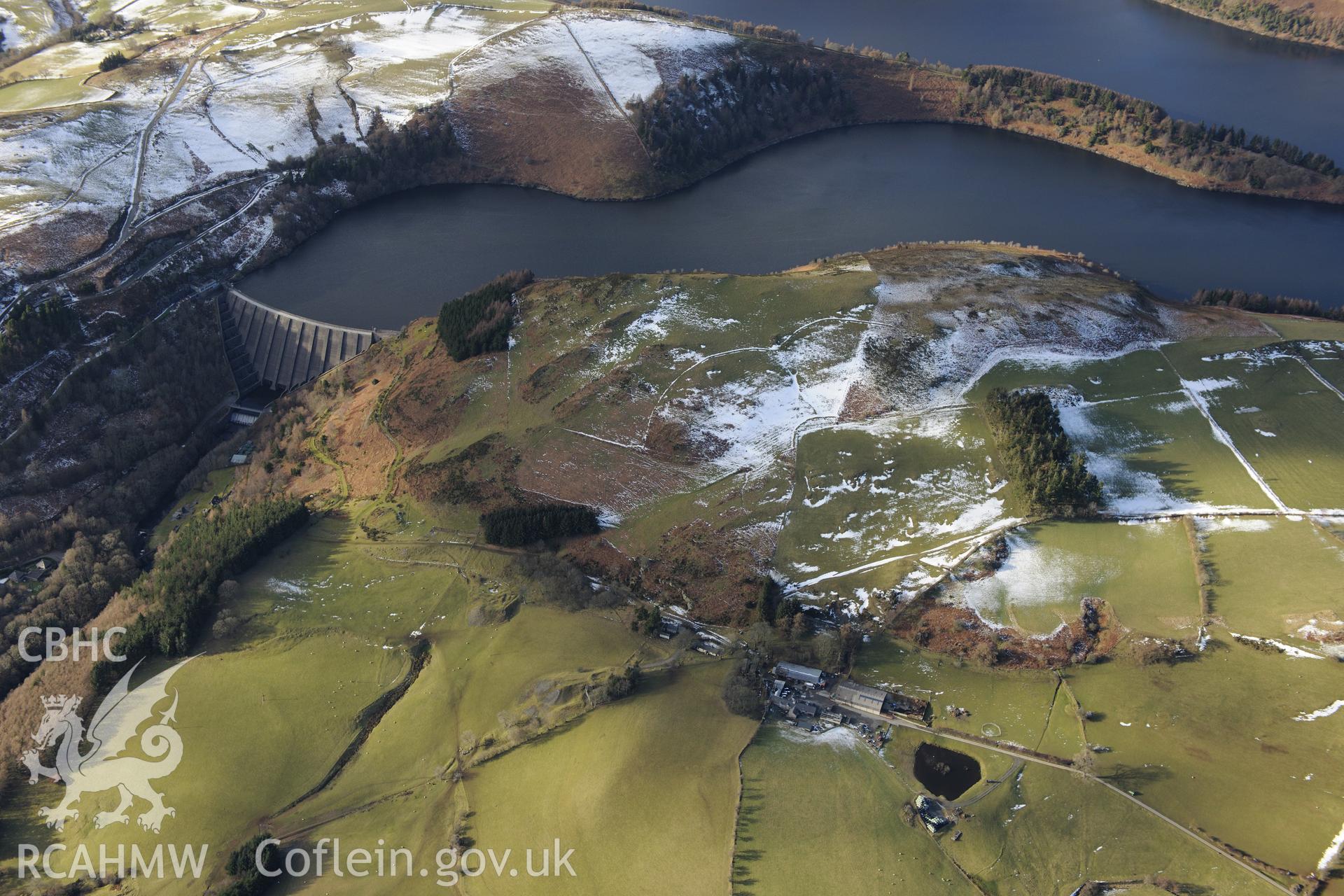 Llyn Clywedog dam and reservoir, Llanidloes. Oblique aerial photograph taken during the Royal Commission's programme of archaeological aerial reconnaissance by Toby Driver on 4th February 2015.