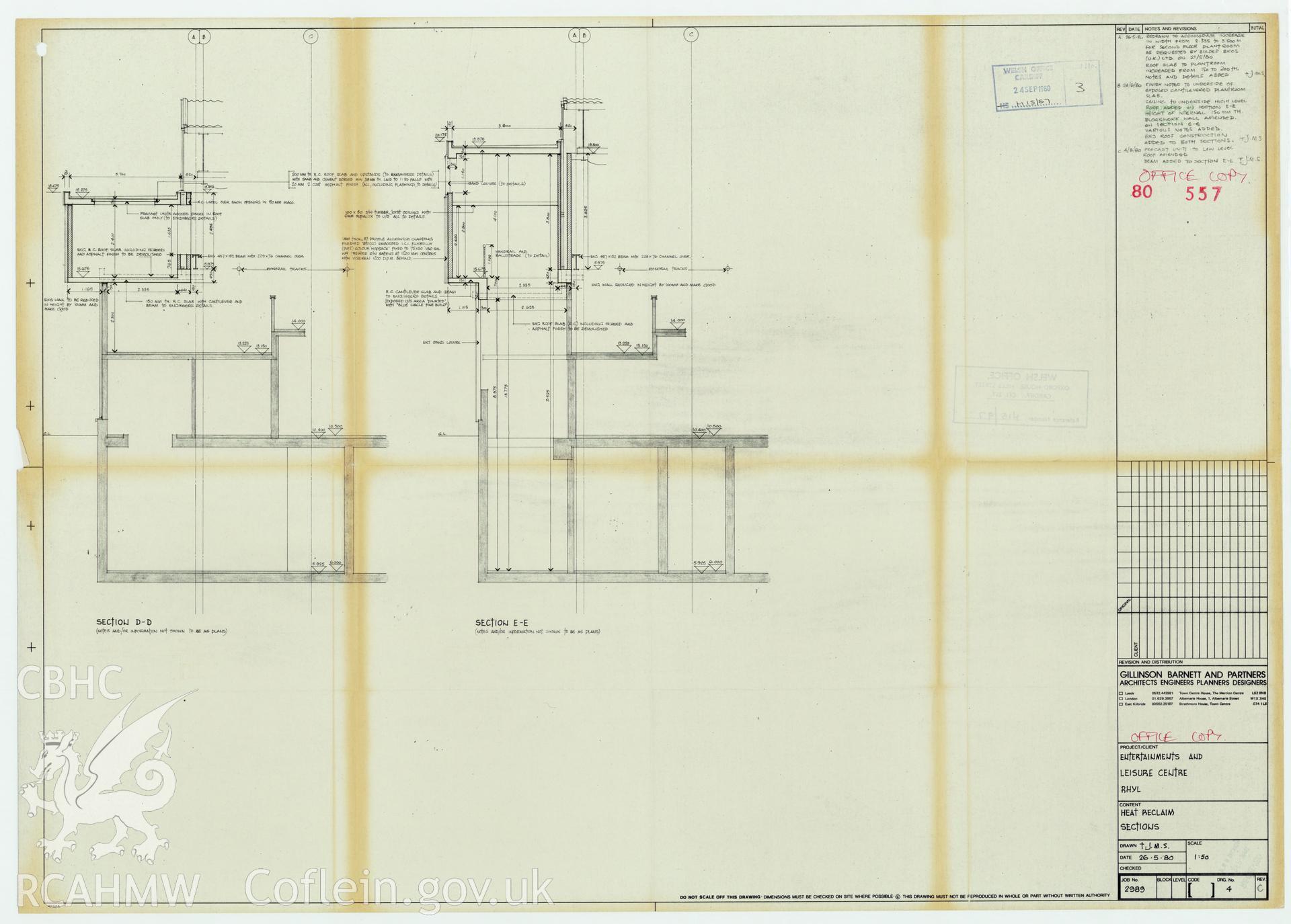 Digital copy of a measured drawing showing heat reclamation sections of the entertainment complex at Rhyl Sun Centre and Theatre, produced by Gillinson Barnett & Partners  1980. Loaned for copying by Denbighshire County Council.