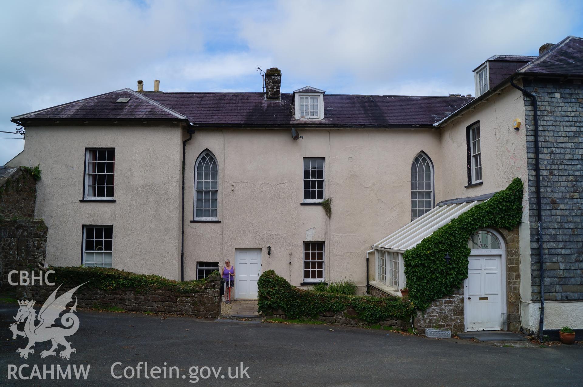 View 'looking north northeast at the southwest face of Robeston House, with porch to be demolished to the right hand side of the photograph.' Photograph and description by Jenny Hall and Paul Sambrook of Trysor, 22nd June 2017.