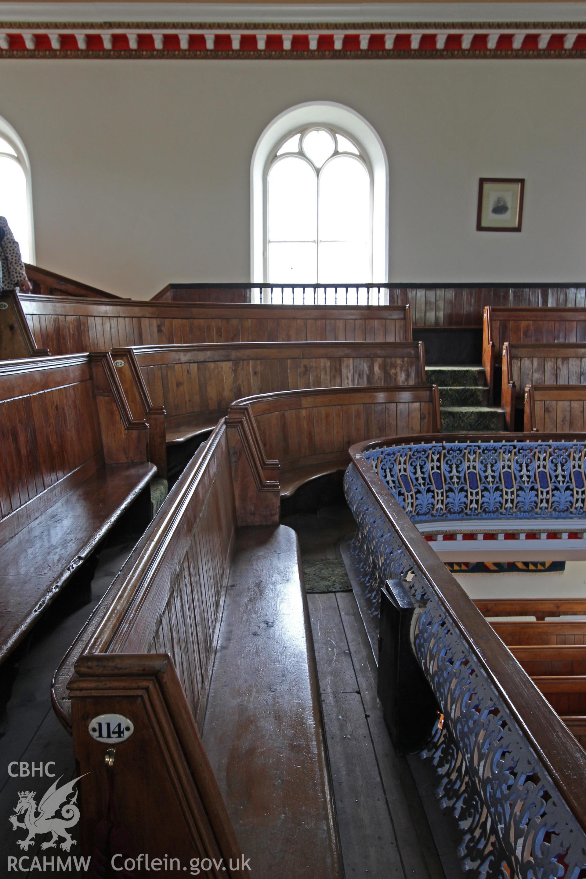 Interior view of first floor balcony pews. Photographic survey of Seion Welsh Baptist Chapel, Morriston, conducted by Sue Fielding on 13th May 2017.