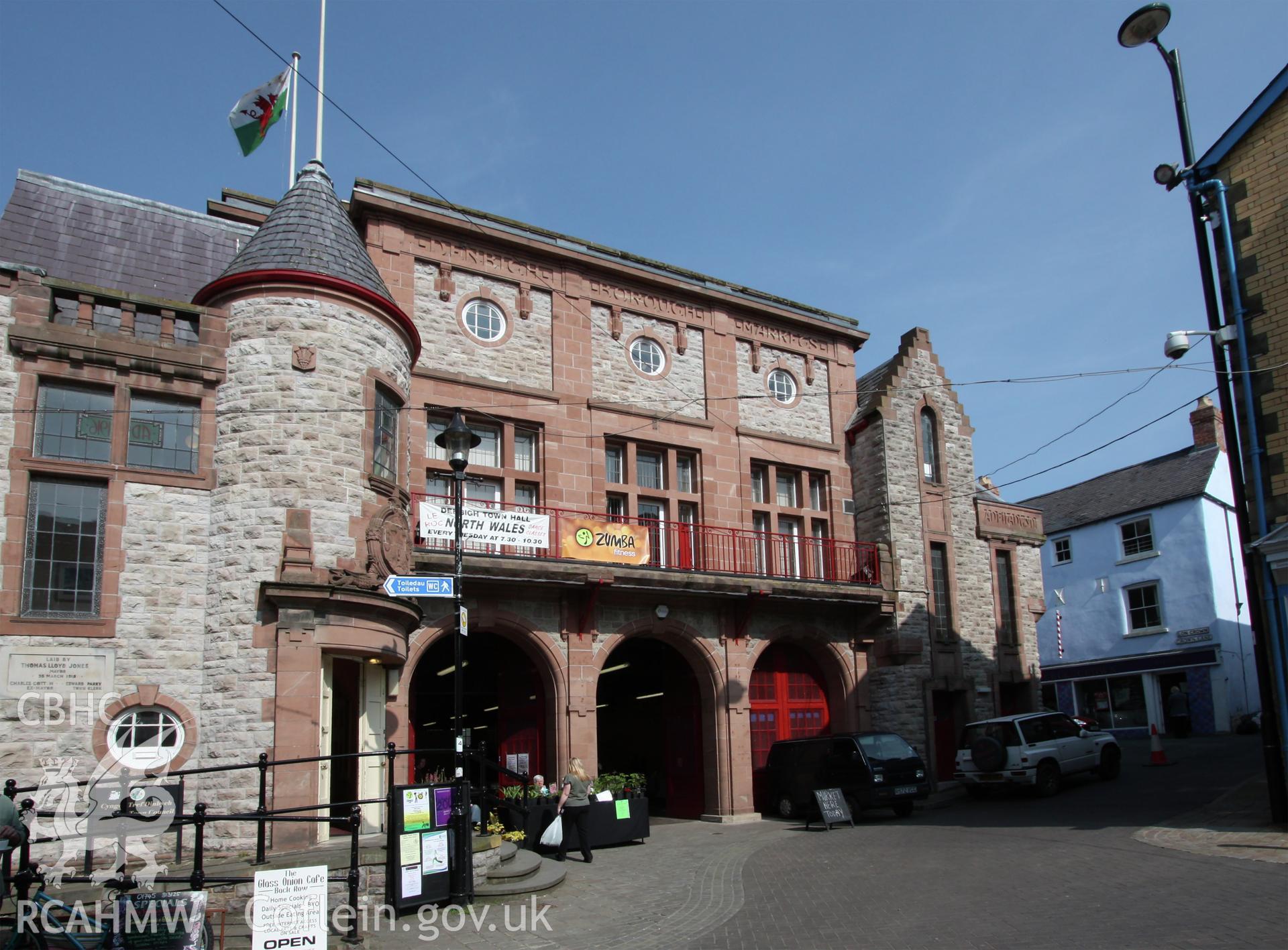 Digital colour photograph showing exterior front elevation and entrance of Denbigh Town Hall. Photographed during survey conducted by Sue Fielding on 20th July 2010.