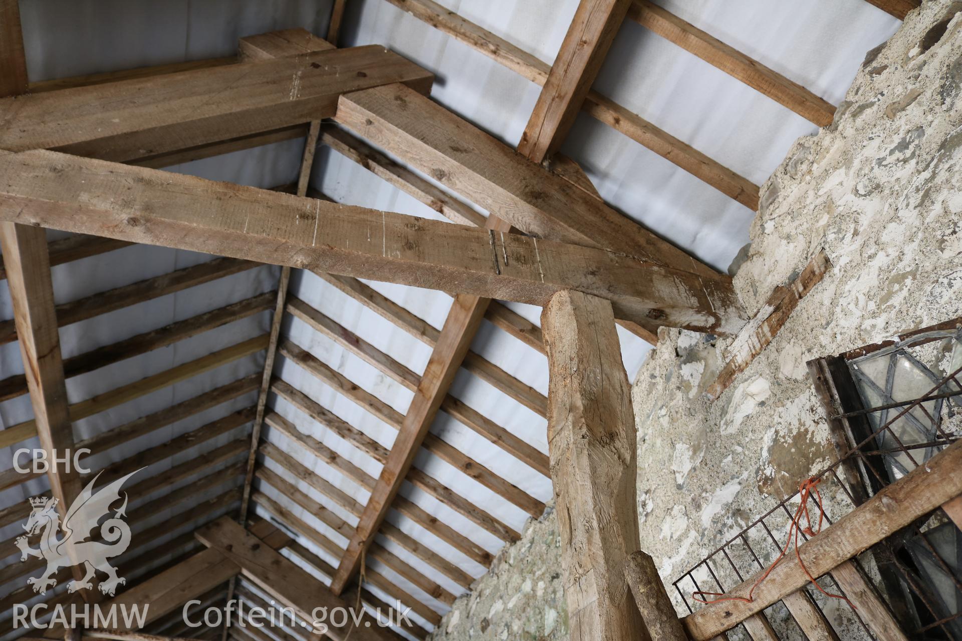 Photograph showing internal view of byre house, brew house and shippon roof, at Maes yr Hendre, taken by Dr Marian Gwyn, 6th July 2016. (Original Reference no. 0183)