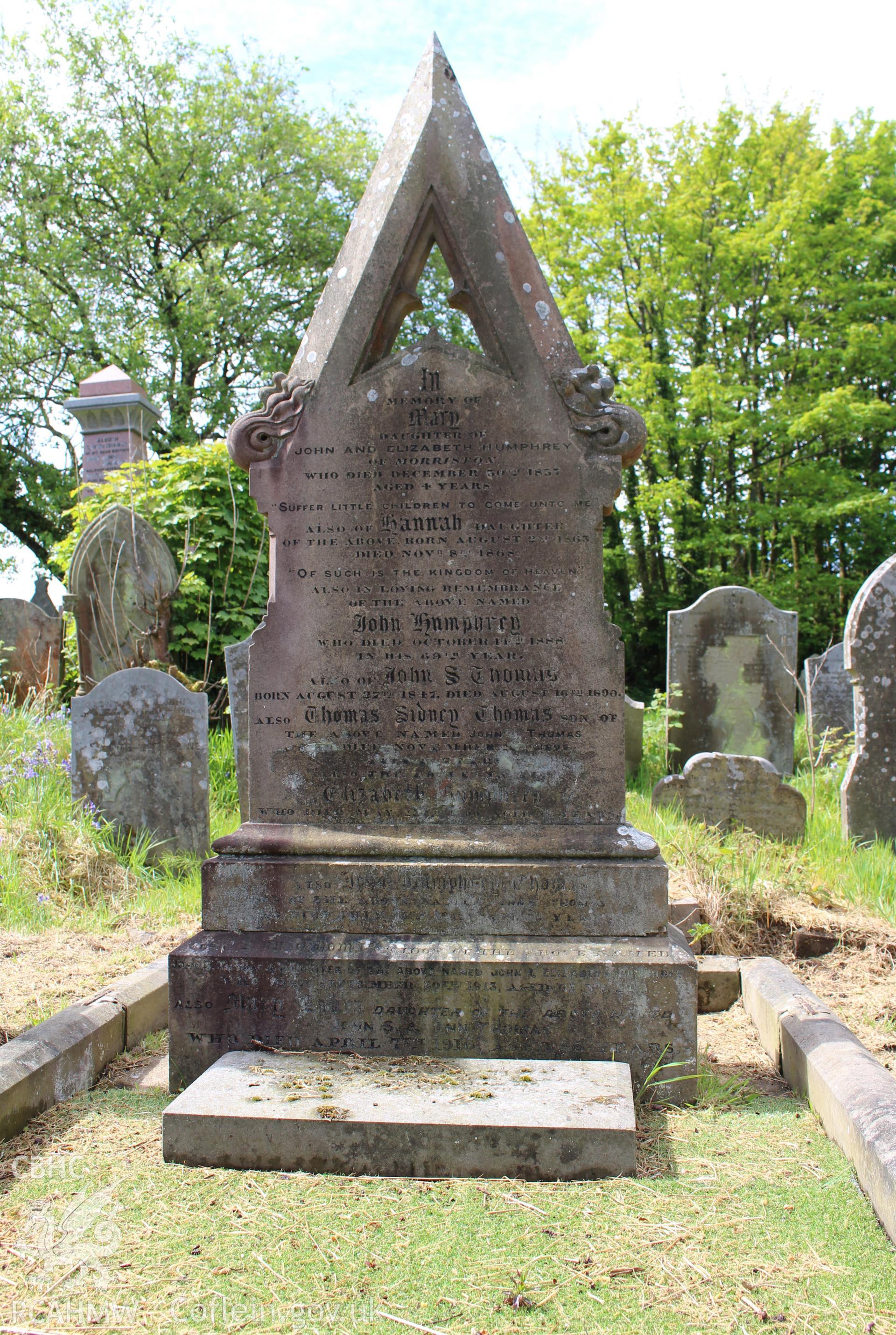 Colour photograph showing detail of family gravestone at Mynydd Bach Independent Chapel, Treboeth, Swansea. Taken during photographic survey conducted by Sue Fielding on 13th May 2017.
