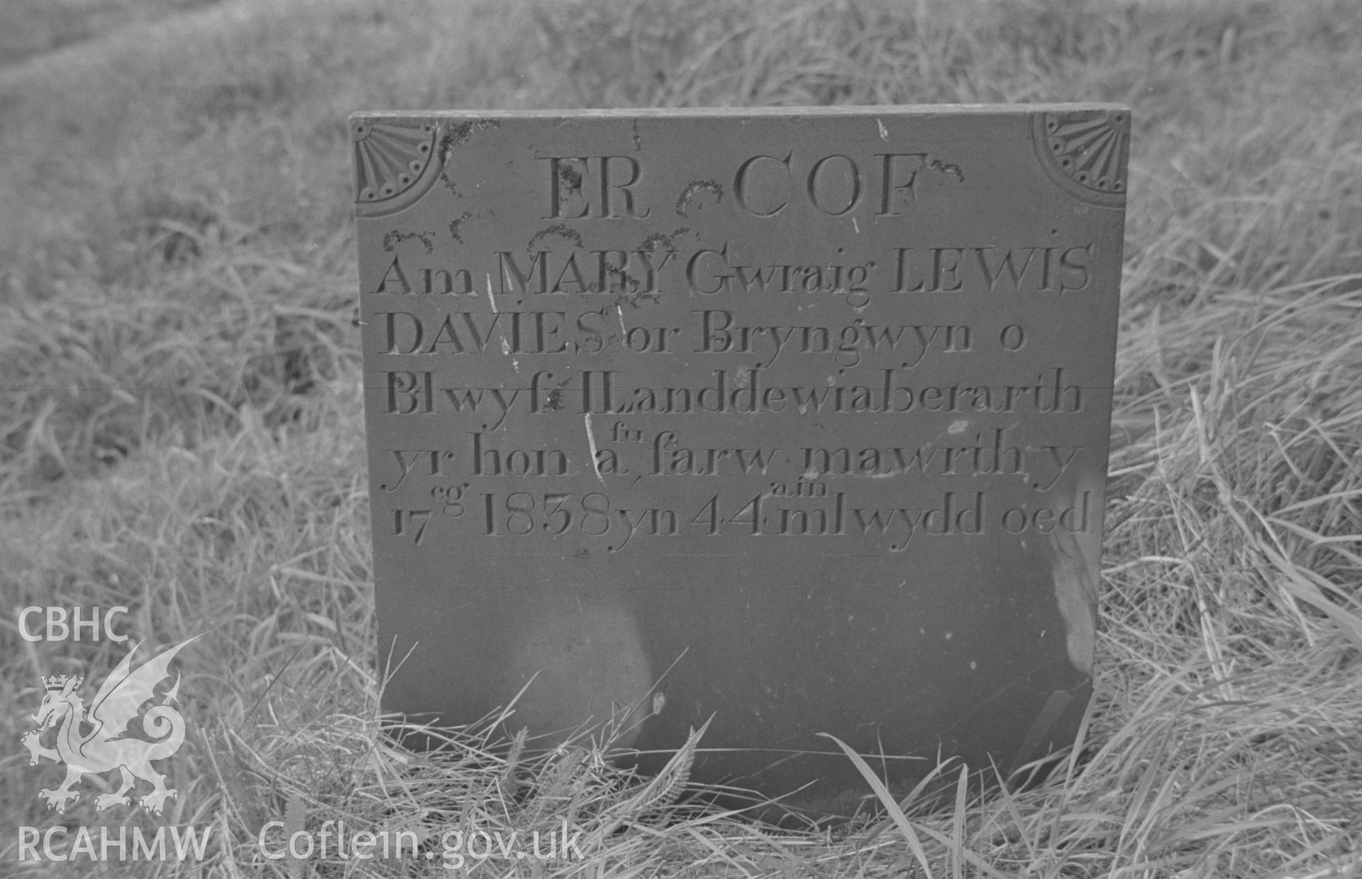 Digital copy of a black and white negative showing 1838 gravestone to the memory of Mary Davies, Bryngwyn, Llanddewiaberarth, at St. David's Church, Henfynyw, Aberaeron. Photographed by Arthur O. Chater on 5th September 1966 from Grid Reference SN 447 613.
