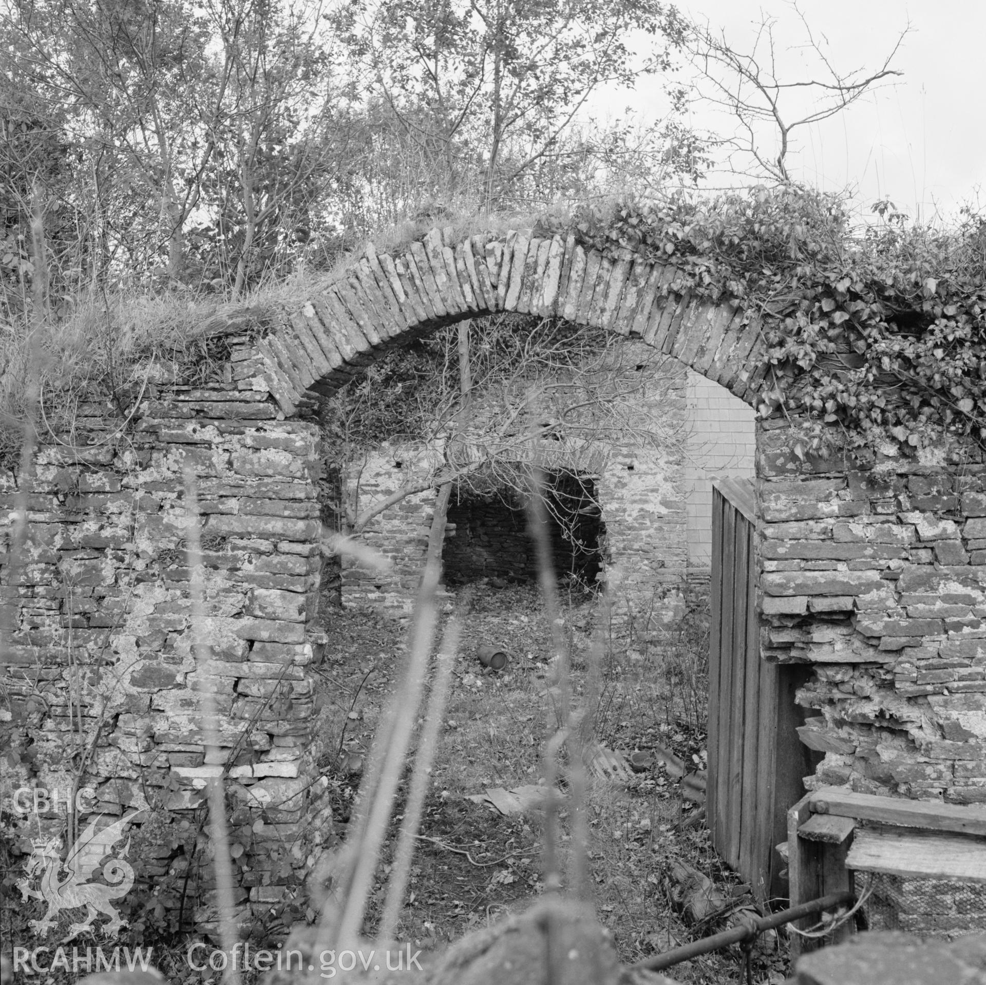 Digital copy of a black and white negative showing archway at Plas y Betws, taken by Harry Brooksby, 26th November 1965
