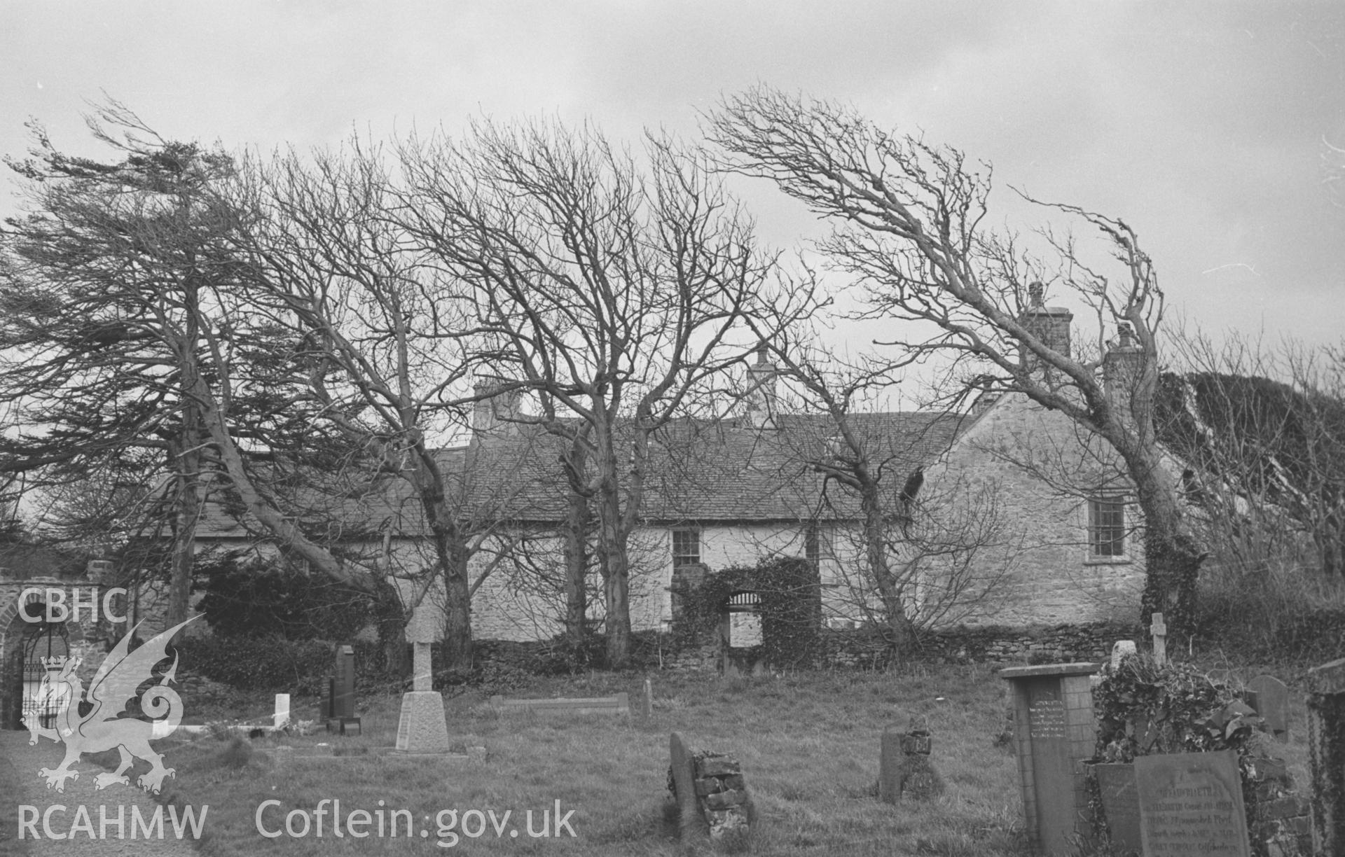 Digital copy of a black and white negative showing view from the churchyard at St. Ina's to Llanina House, Llanina, near New Quay. Photographed by Arthur O. Chater in April 1966 from Grid Reference SN 405 598, looking south west.