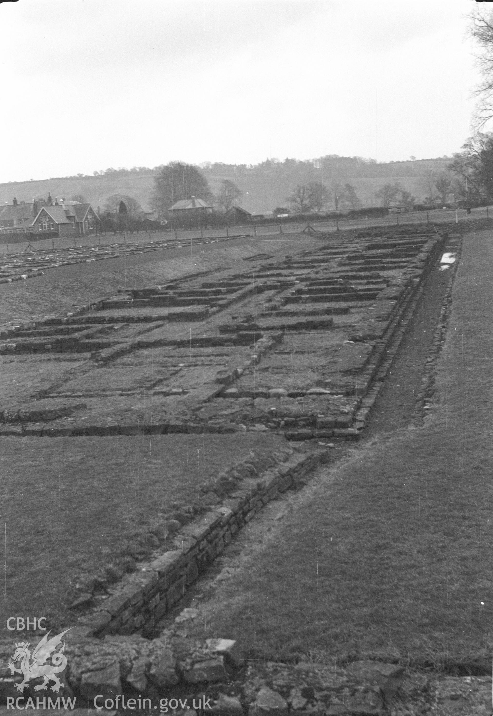 Digital copy of a nitrate negative showing a view of Caerleon legionary fortress taken by Ordnance Survey.
