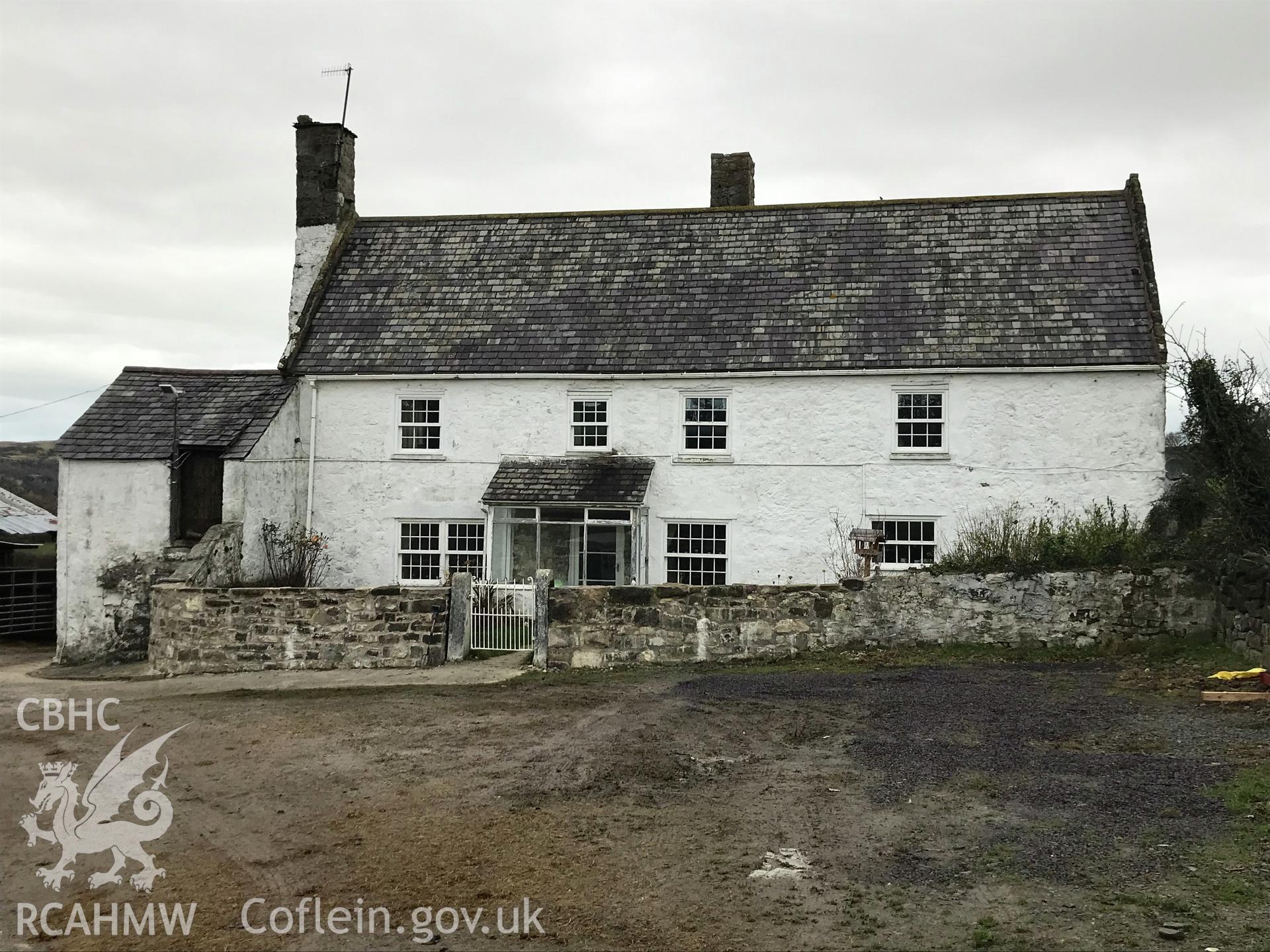 Digital colour photograph showing exterior view of front and side elevation of Bryn Ffanigl Uchaf house, Betws y Rhos, taken by Paul Davis on 3rd December 2019.