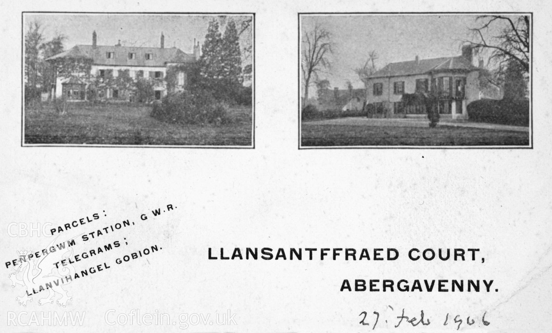 Digital copy of a letter head showing two views of Llansantffraed Court, Abergavenny.