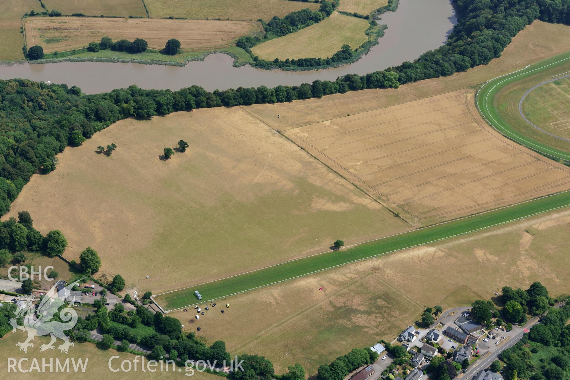 Royal Commission aerial photography of non-archaeological markings across Chepstow Racecourse taken on 19th July 2018 during the 2018 drought.