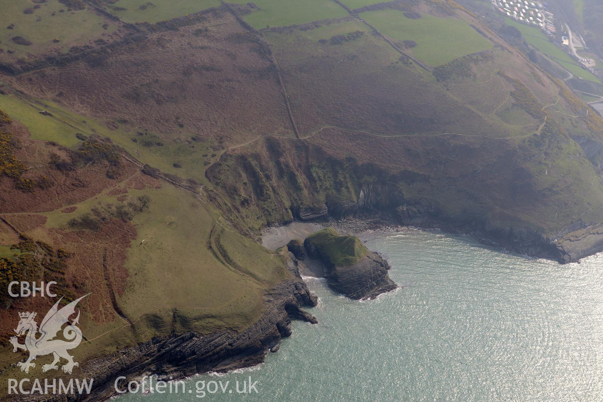 Aerial photography of Castell Bach taken on 27th March 2017 to monitor coastal erosion. Baseline aerial reconnaissance survey for the CHERISH Project. ? Crown: CHERISH PROJECT 2019. Produced with EU funds through the Ireland Wales Co-operation Programme 2014-2020. All material made freely available through the Open Government Licence.