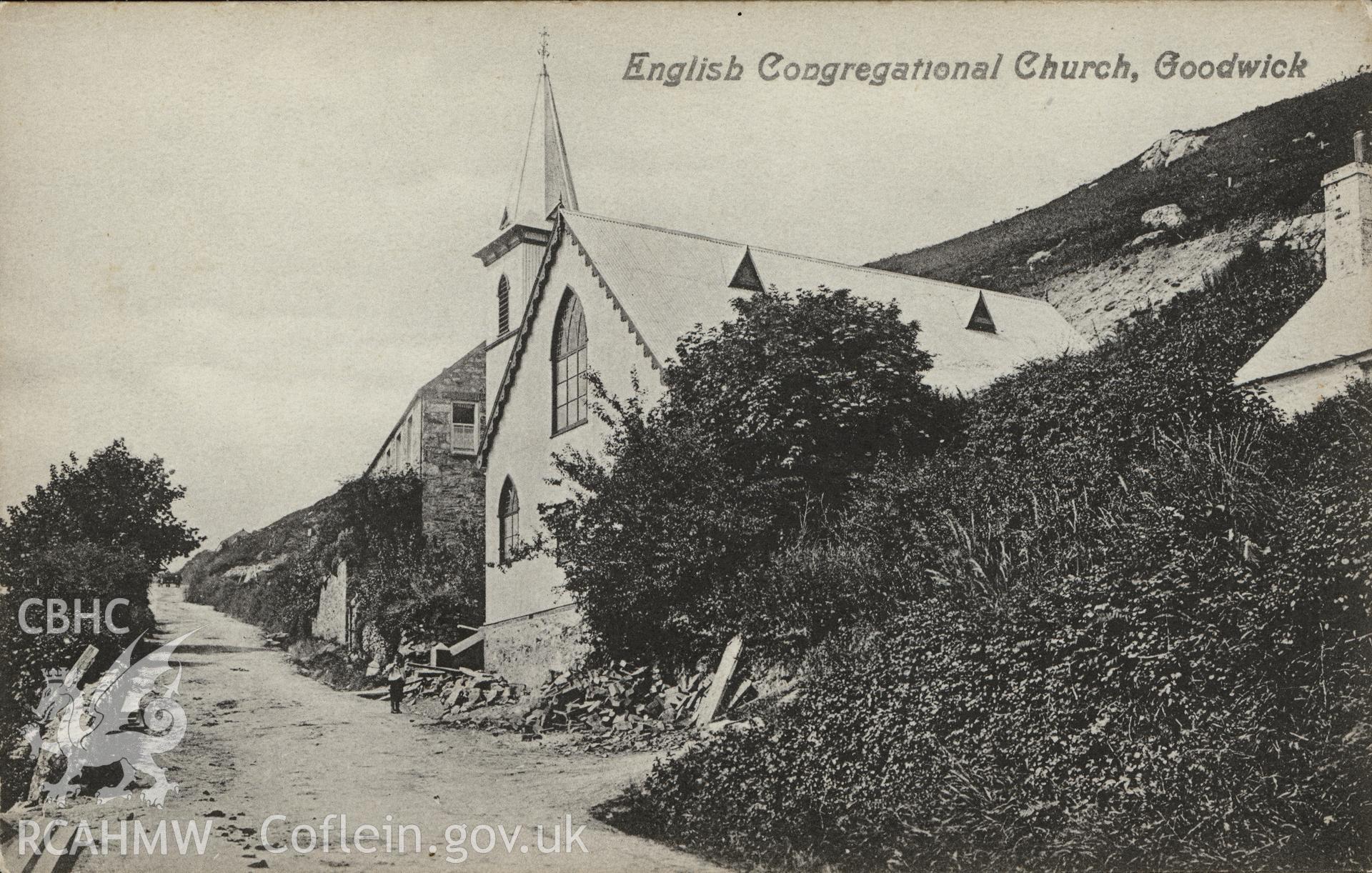 Digital copy of monochrome postcard showing exterior view of Bethany English Congregational chapel, Goodwick Hill, Goodwick. Loaned for copying by Thomas Lloyd.