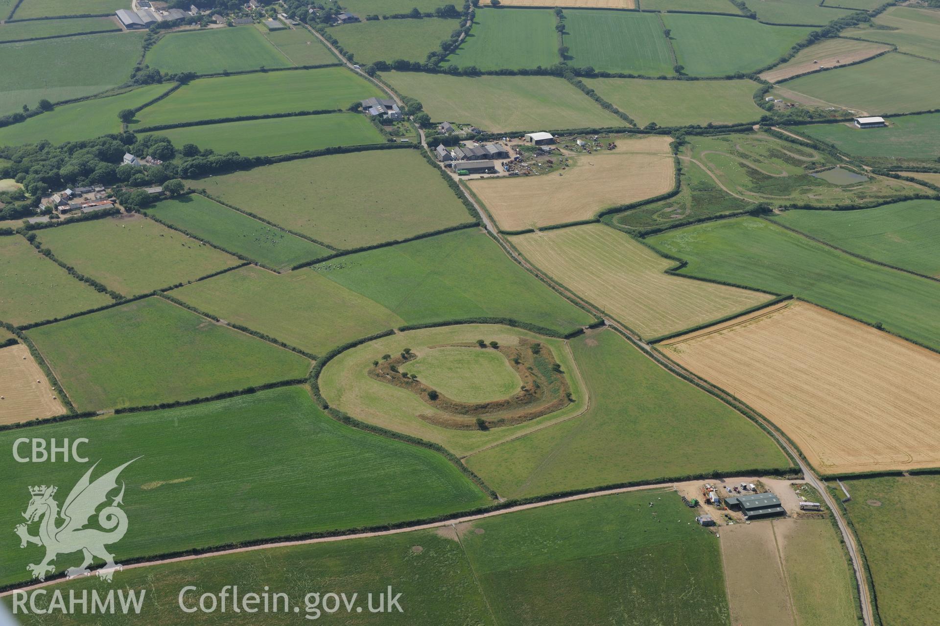 Romans Castle Defended Enclosure near Walwyns Castle, north of Milford Haven. Oblique aerial photograph taken during the Royal Commission?s programme of archaeological aerial reconnaissance by Toby Driver on 16th July 2013.