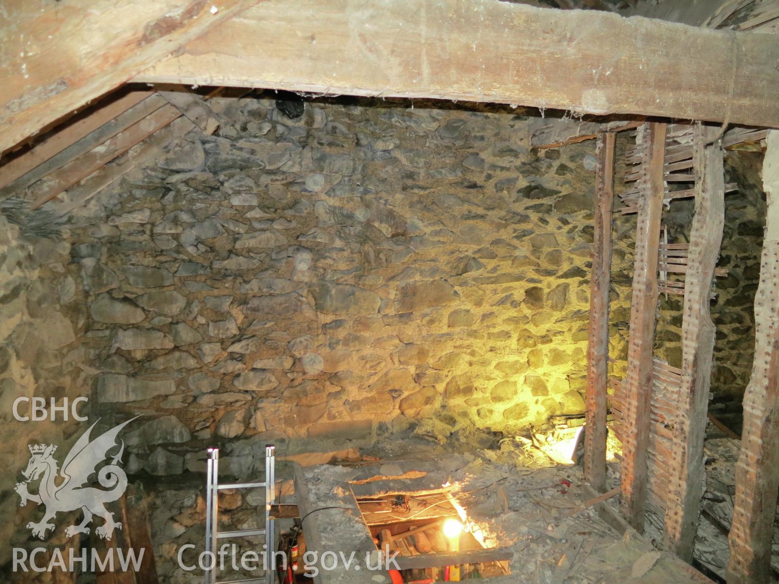 Interior first floor north elevation of the barn at Pencerrig Pellaf, Ffordd Uchaf, Harlech. Photographed by Kimberley Urch as part of photographic survey for planning application (ref. no. NP5/61/LB446A Snowdonia National Park Authority).