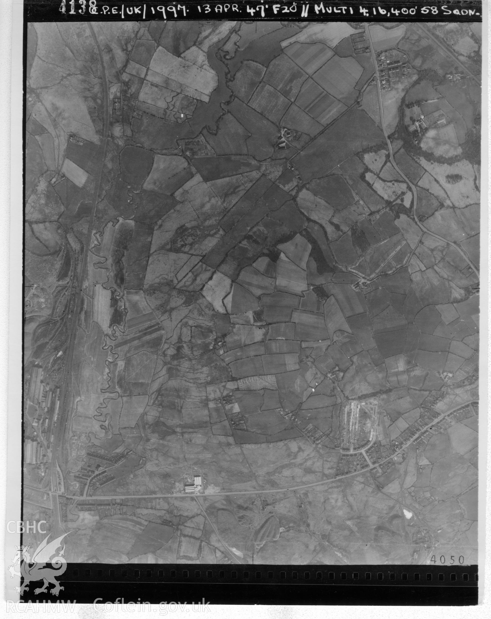 Black and white aerial photograph taken on 13th April 1947. Frame 4138. Part of material used in a Setting Impact Assessment of Land off Phoenix Way, Garngoch Business Village, Swansea, carried out by Archaeology Wales, 2018. Project number P2631.