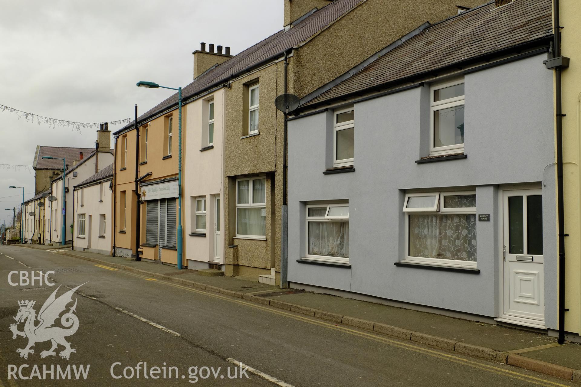 Colour photograph showing view looking west at Stryd Fawr (north side), Deiniolen, produced by Richard Hayman 7th March 2017