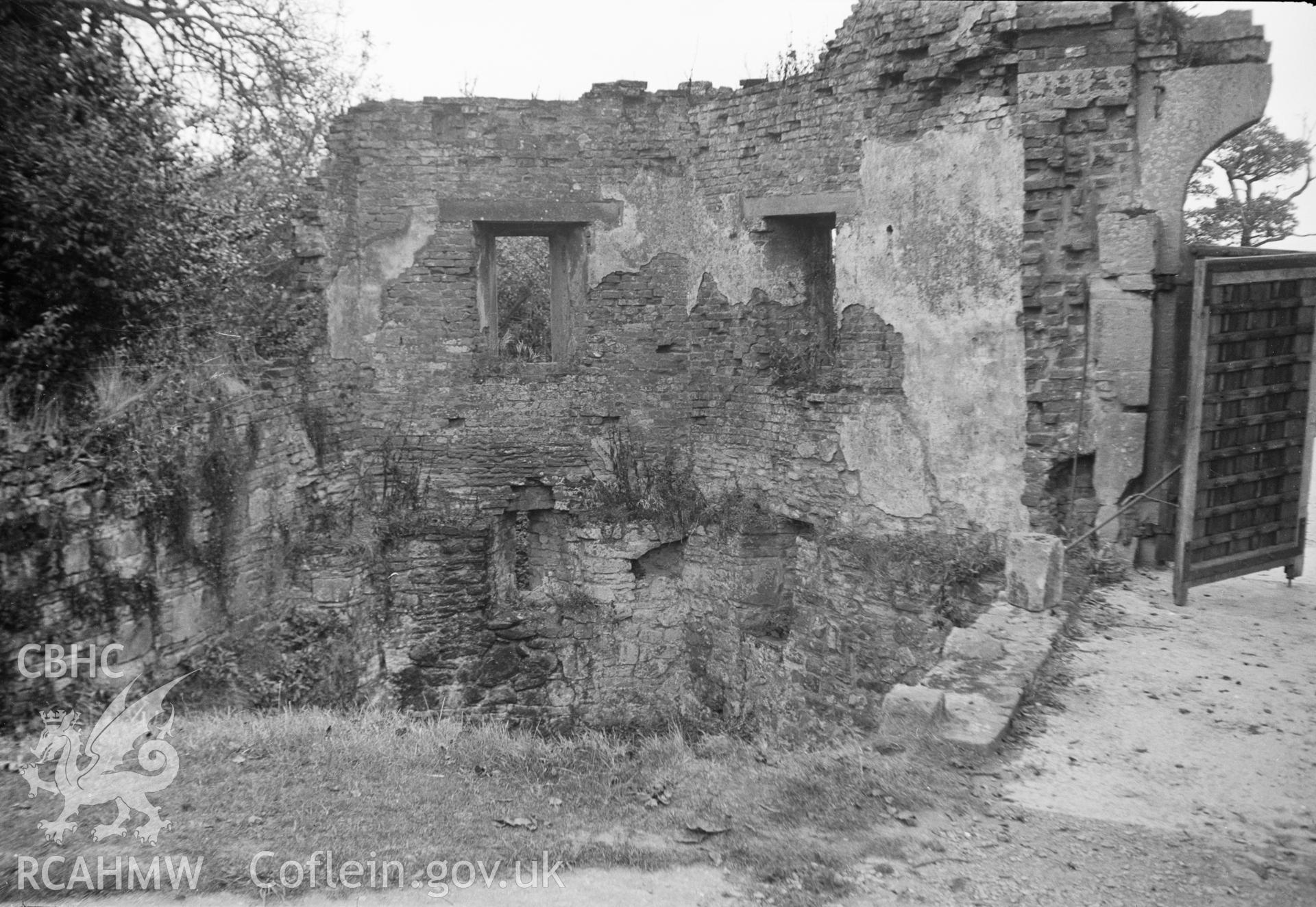 Digital copy of a nitrate negative showing Raglan Castle, taken by Leonard Monroe, 1927.