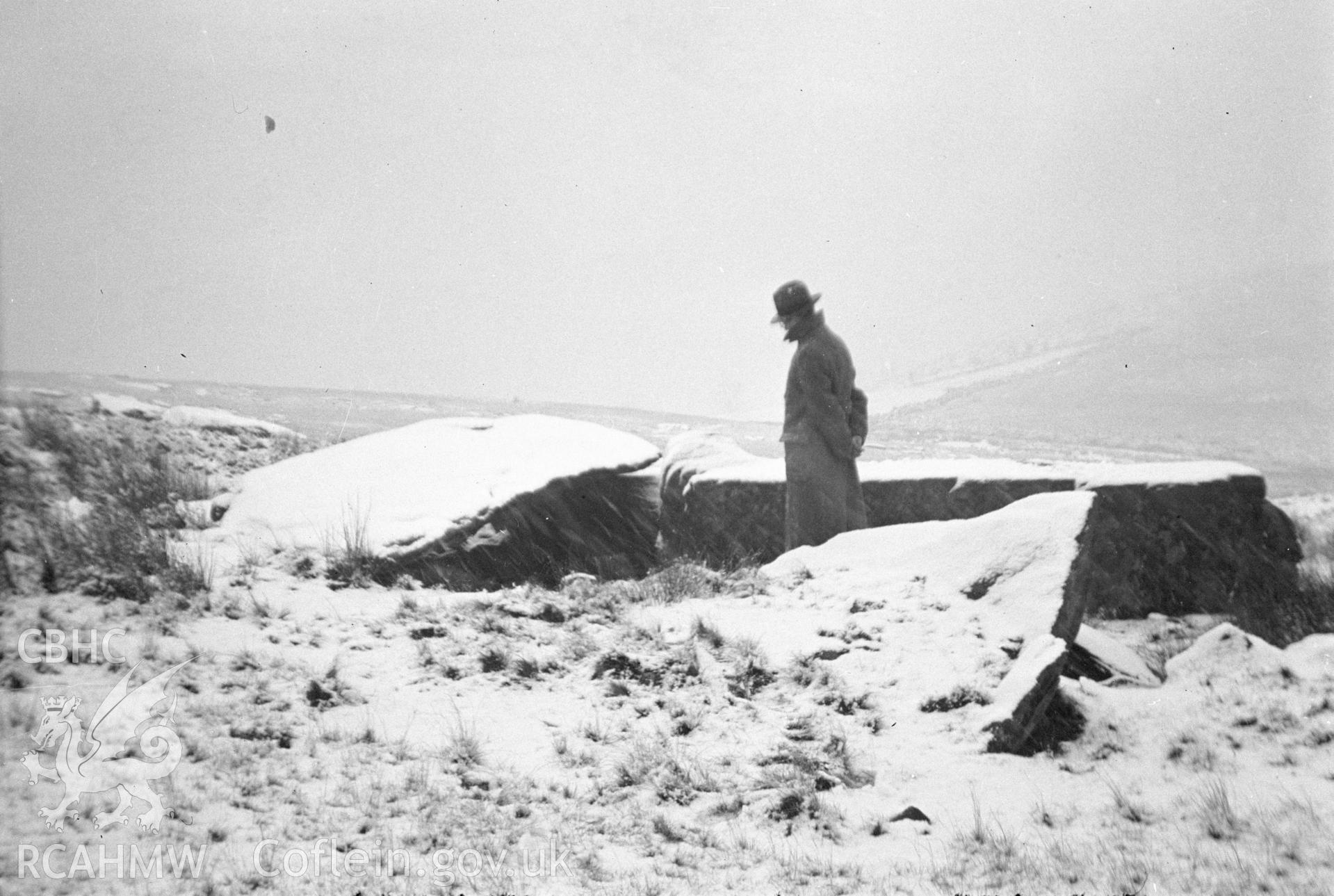Digital copy of a nitrate negative showing view of Carn Flechart Stone Circle and Chambered Barrow.