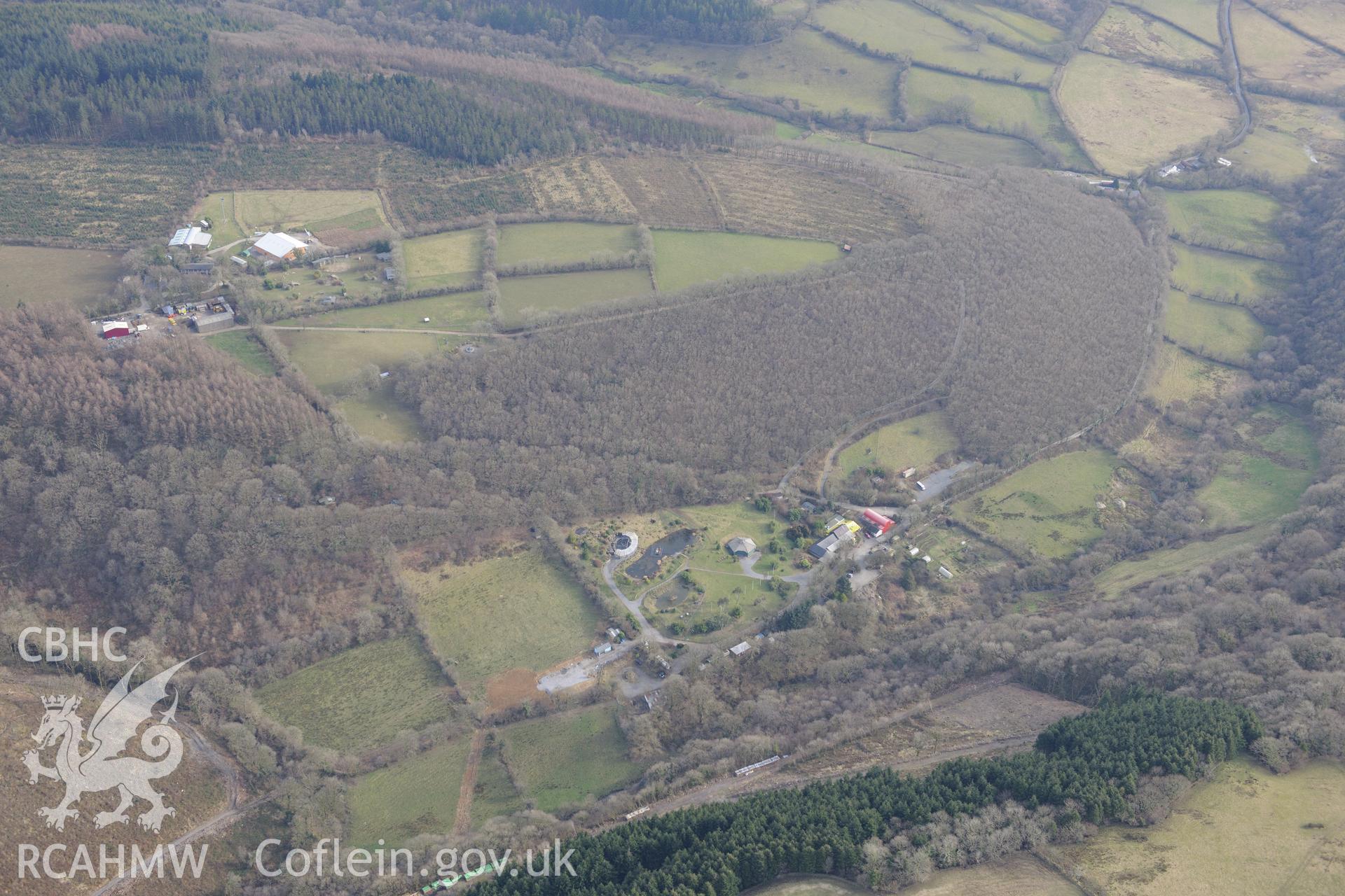 Pen-y-Garn farm, and Skanda Vale Buddhist Temple, Alltwalis. Oblique aerial photograph taken during the Royal Commission?s programme of archaeological aerial reconnaissance by Toby Driver on 28th February 2013.