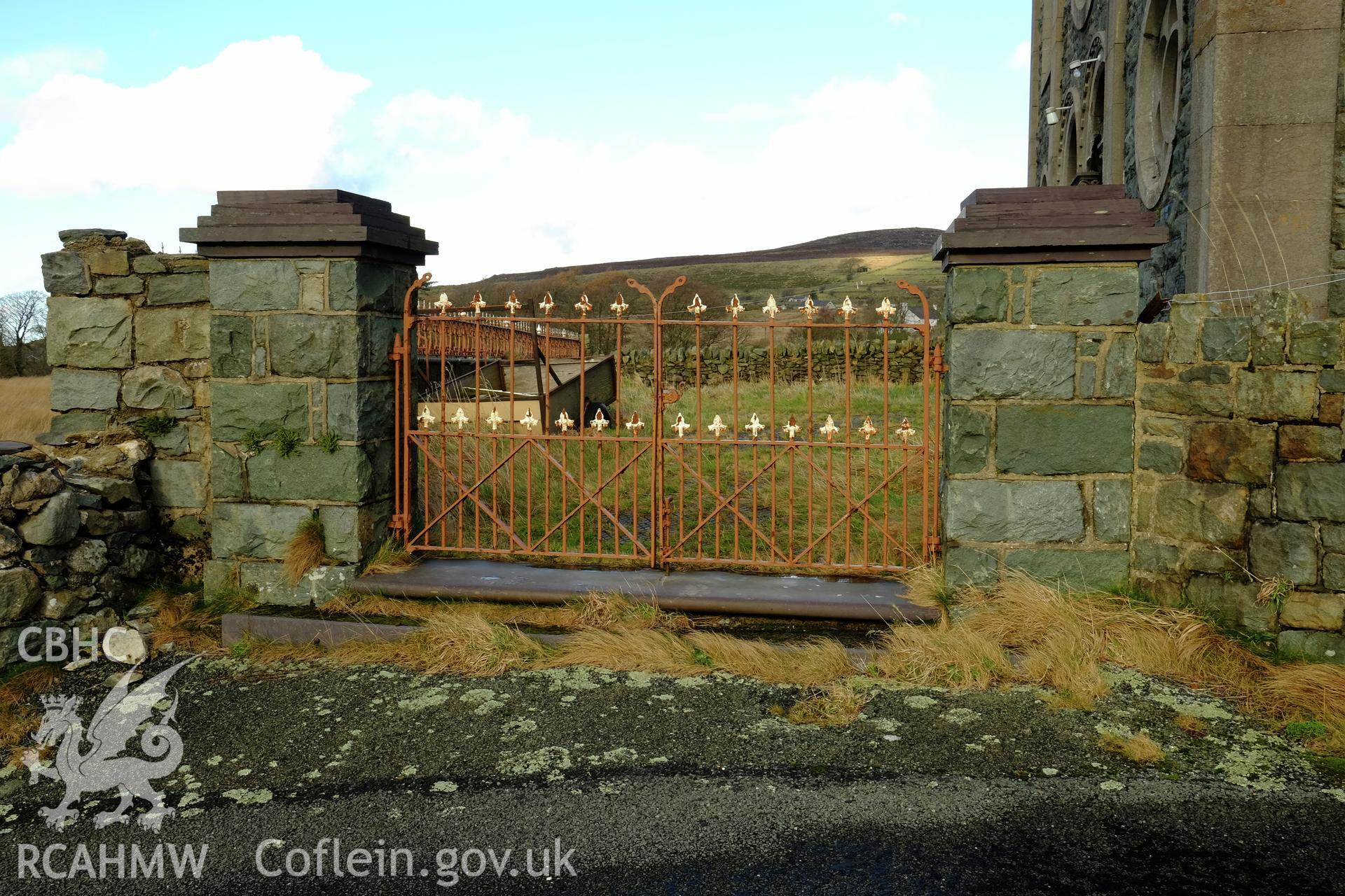 Colour photograph showing a view looking north at Capel Cefn-y-Waun's entrance gateway, produced by Richard Hayman 2nd February 2017