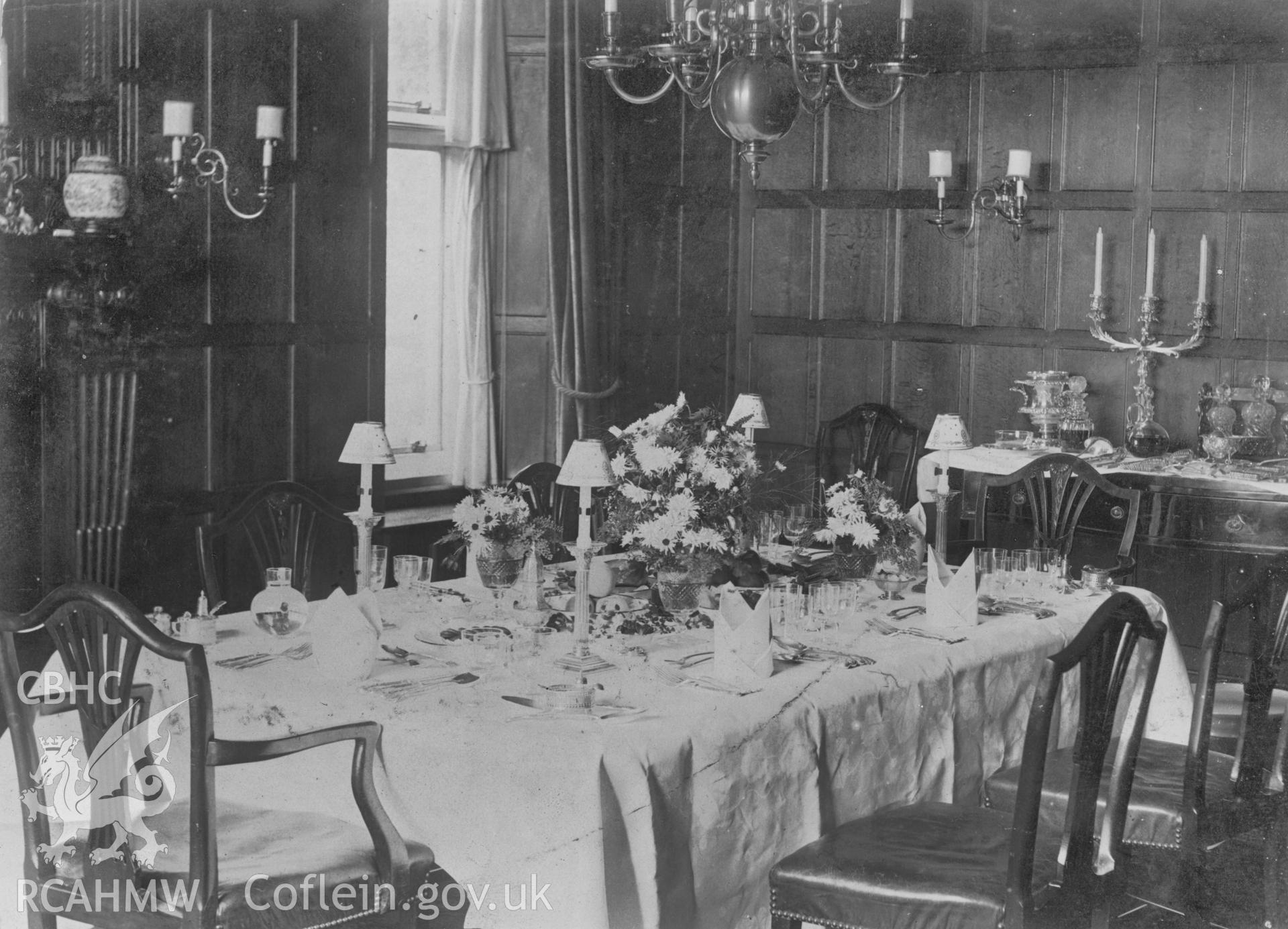 Digital copy of a black and white photograph showing the dining room at Trebencyn near Abergavenny, c.1902.