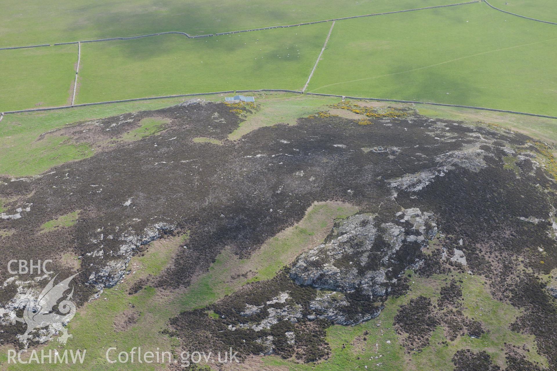 Carn Ysgubor and its relict field walls on Ramsey Island. Oblique aerial photograph taken during the Royal Commission's programme of archaeological aerial reconnaissance by Toby Driver on 13th May 2015.