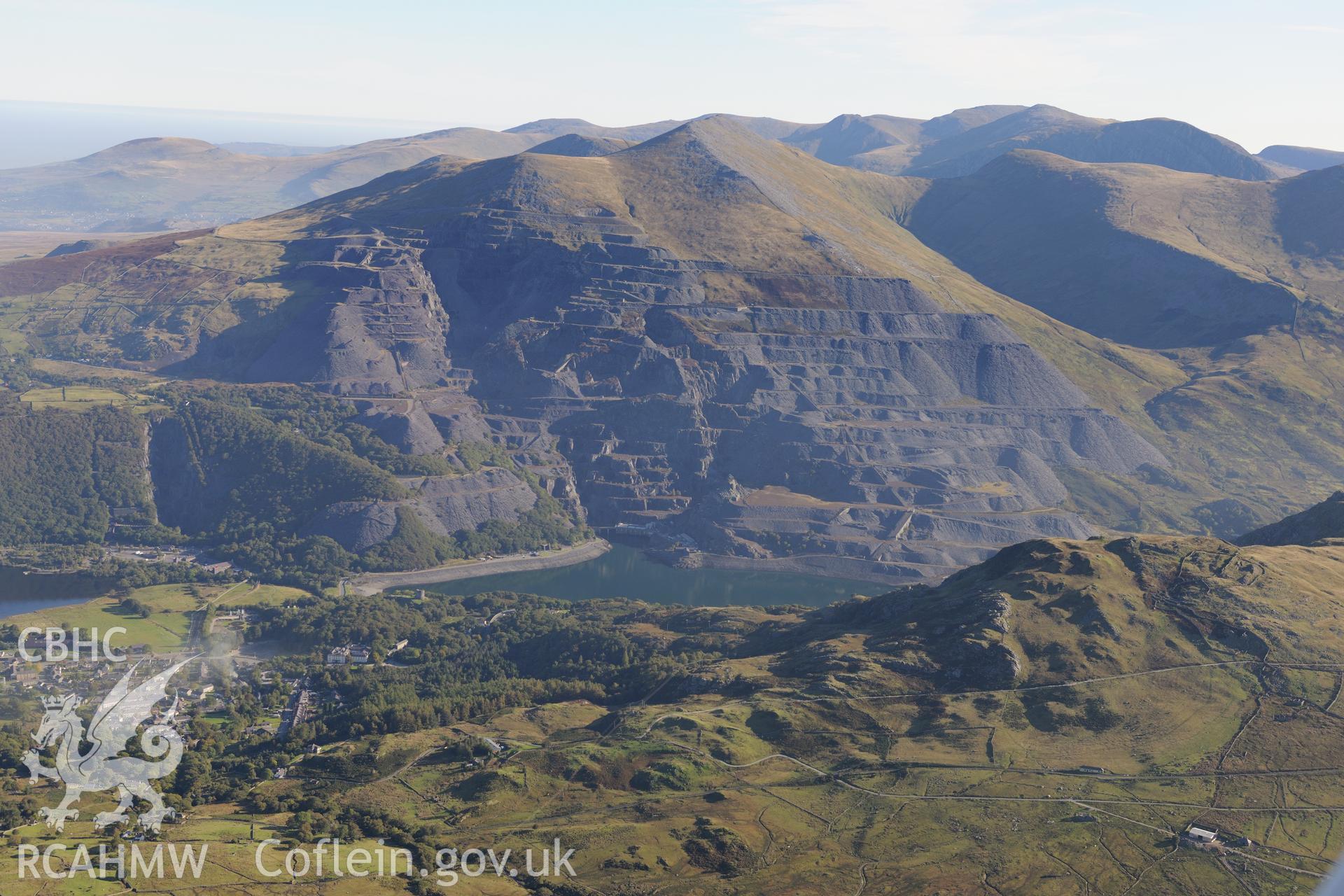 Dinorwic slate quarry and the town of Llanberis. Oblique aerial photograph taken during the Royal Commission's programme of archaeological aerial reconnaissance by Toby Driver on 2nd October 2015.